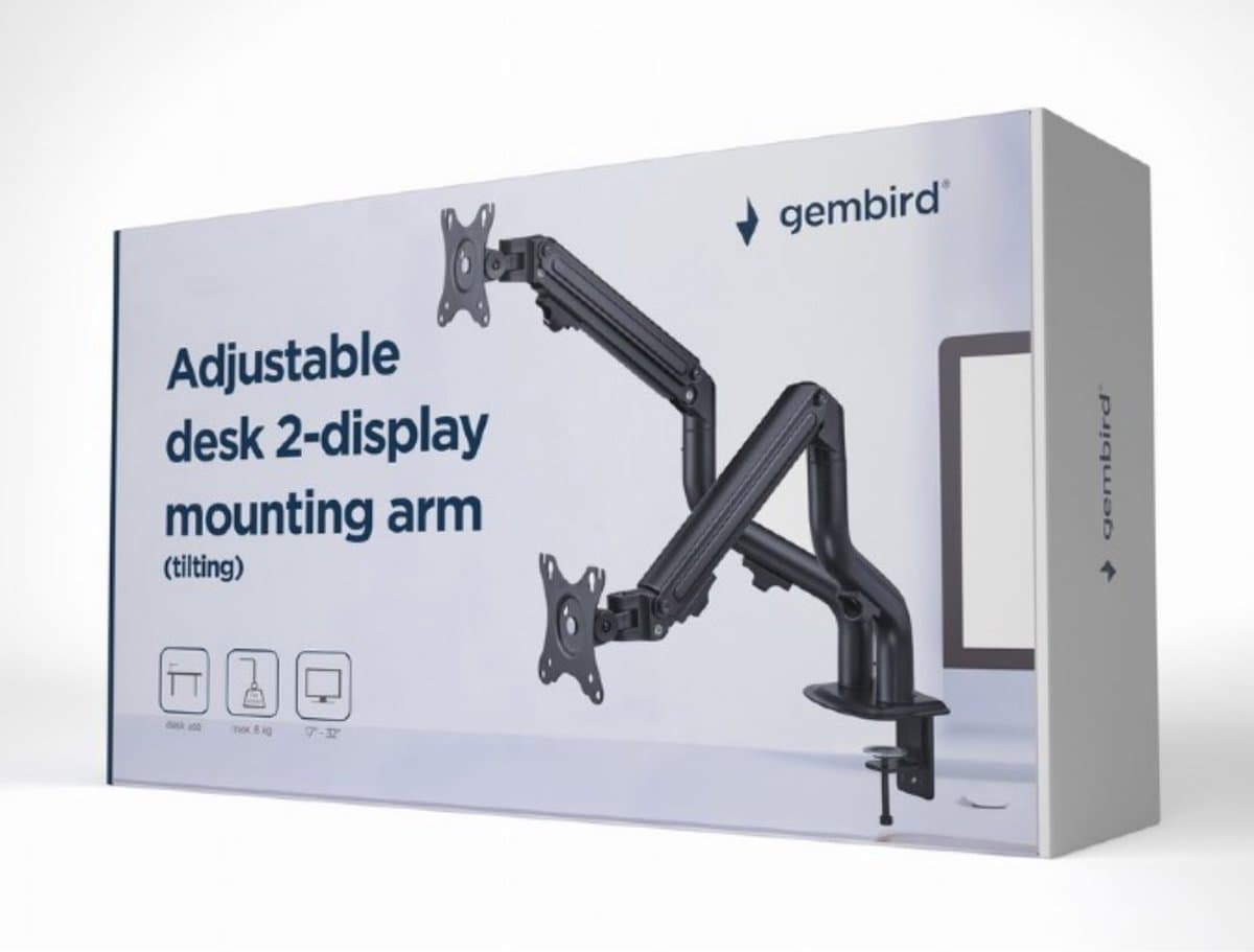 Gembird Verstelbare Bureau Monitorarm voor Dubbele Monitoren, 17–32 Inch, 8 kg per Monitor, Verstelbare Gasveren, 180° Rotatie, Kanteling +90° tot -45°, 90° Zwenkbaar, VESA-compatibel, Zwart thumbnail 6