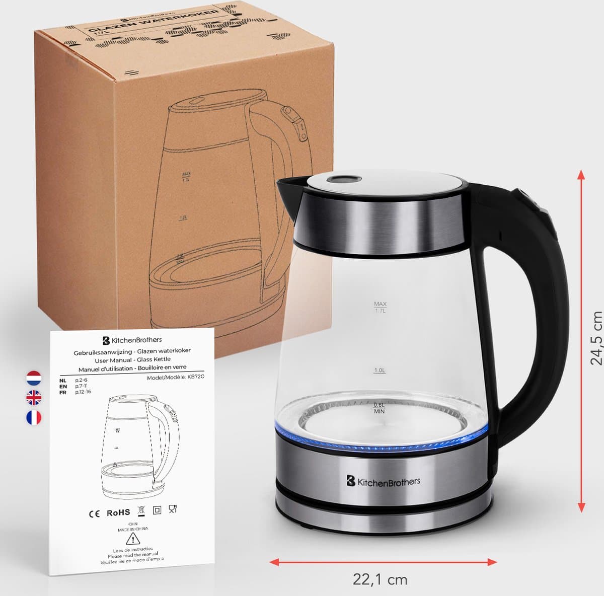 KitchenBrothers Glazen Waterkoker 1,7L – LED, 2200W, BPA-vrij thumbnail 6