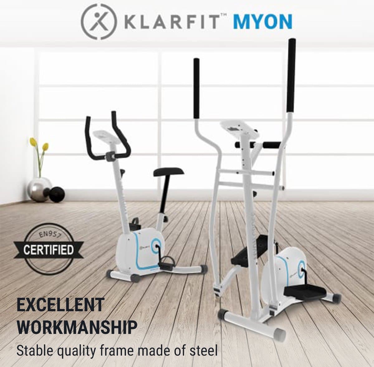 Klarfit Myon Cross Crosstrainer – Crosstrainer met 12 kg Vliegwiel, Elliptische Trainer met SilentBelt Systeem, 8 Weerstandsniveaus, Tablethouder, PulseControl, Antiekwit thumbnail 3
