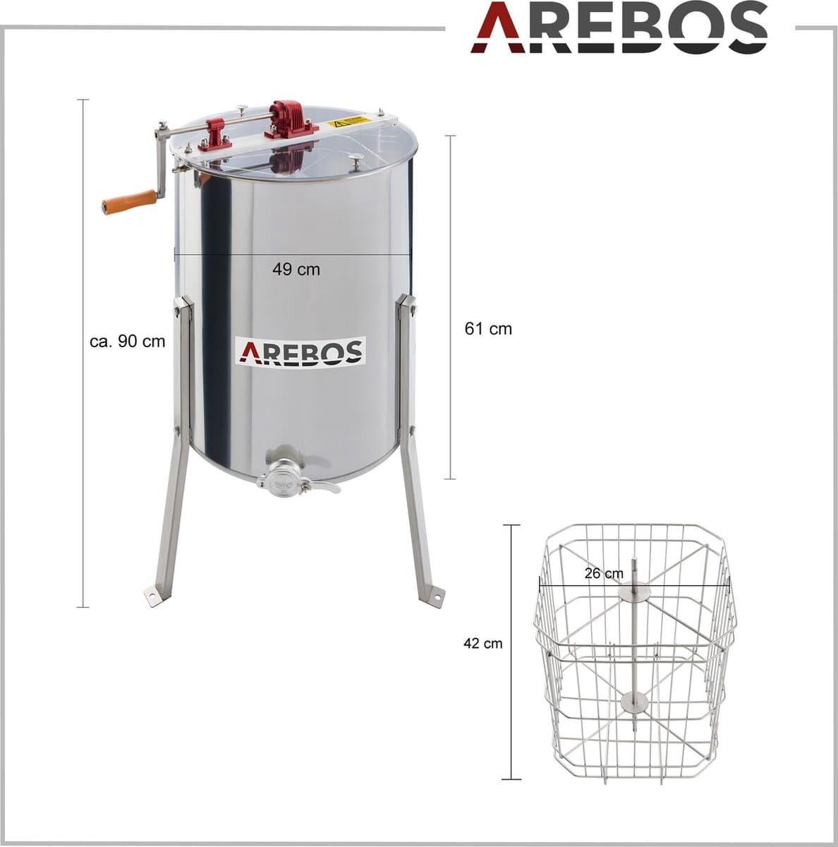 AREBOS Honing Extractor - Honing Centrifuge - Roestvrij Staal - Handmatig - voor 4 honingraatjes 26 x 42cm thumbnail 8