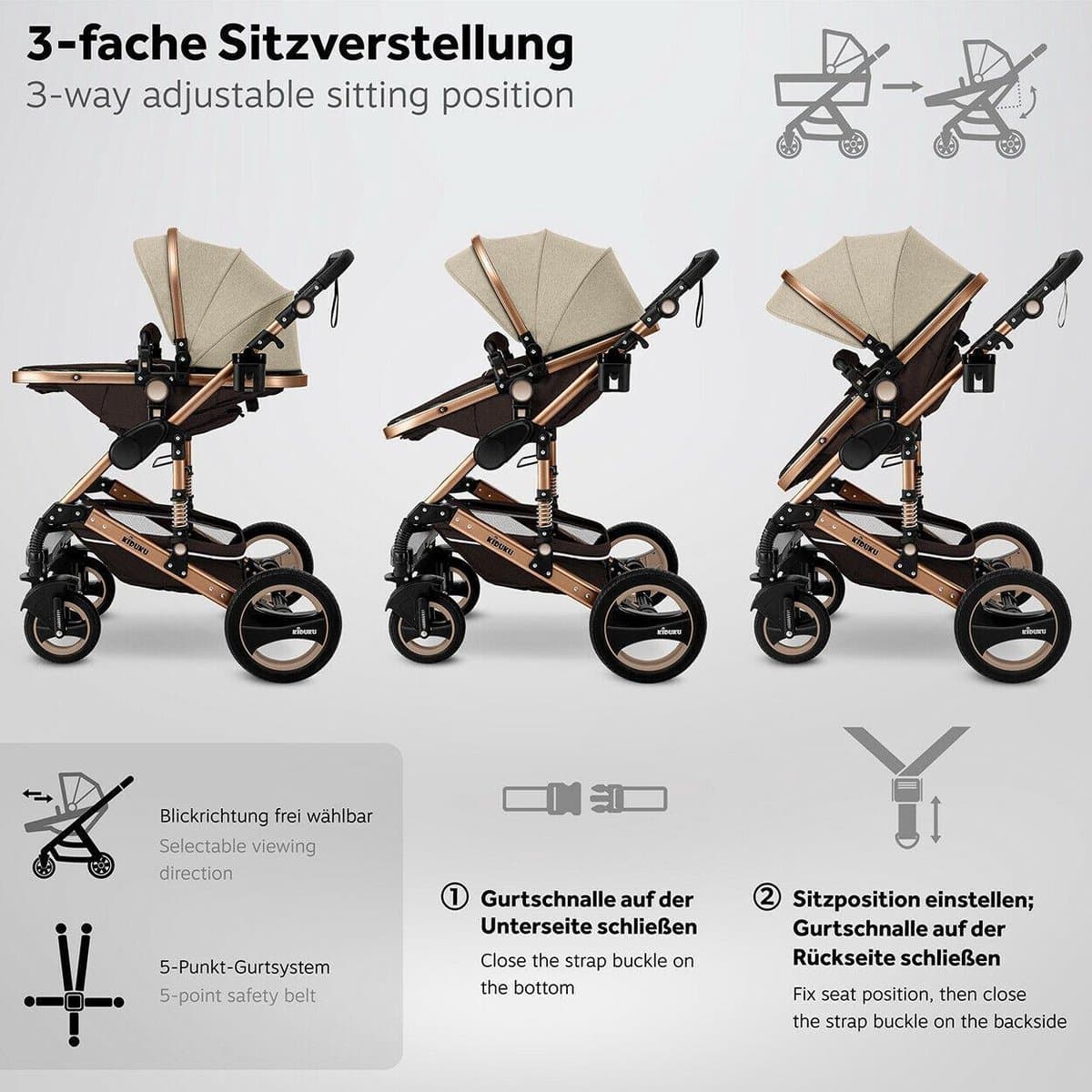 KIDUKU- 3 in 1 combi-kinderwagen- bruin/goud- buggy incl. autostoeltje-regenhoes- inklapbaar thumbnail 3