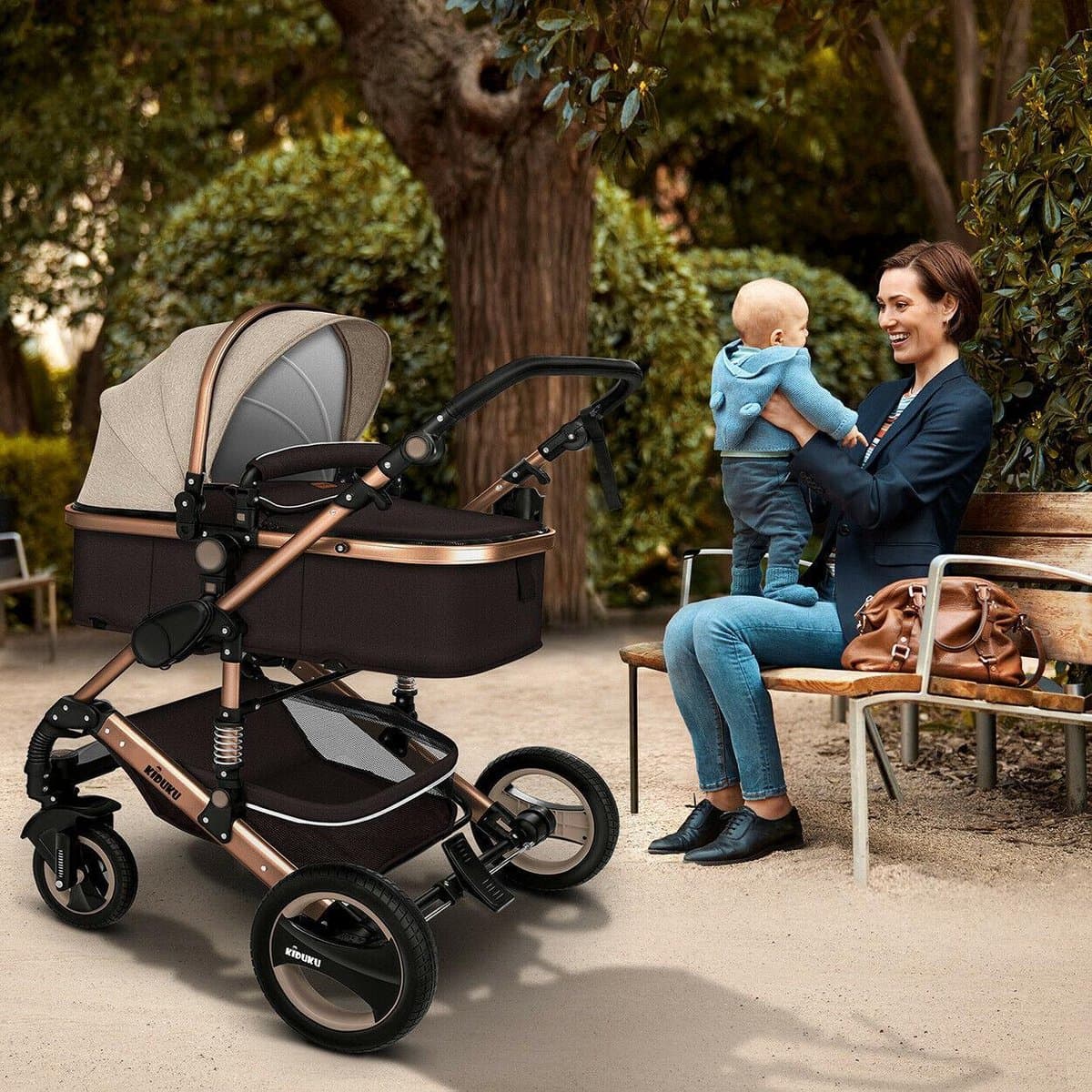 KIDUKU- 3 in 1 combi-kinderwagen- bruin/goud- buggy incl. autostoeltje-regenhoes- inklapbaar thumbnail 4