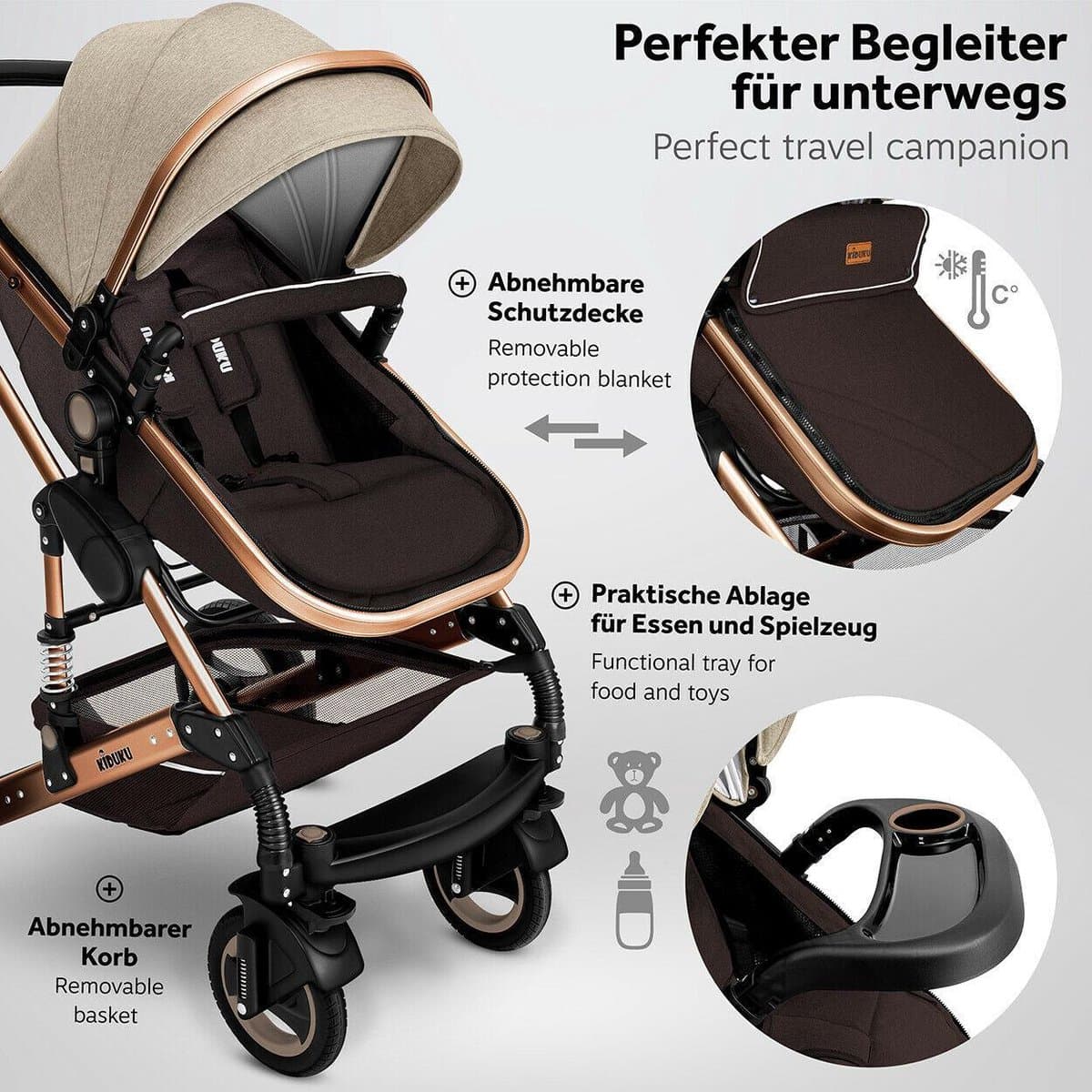 KIDUKU- 3 in 1 combi-kinderwagen- bruin/goud- buggy incl. autostoeltje-regenhoes- inklapbaar thumbnail 7