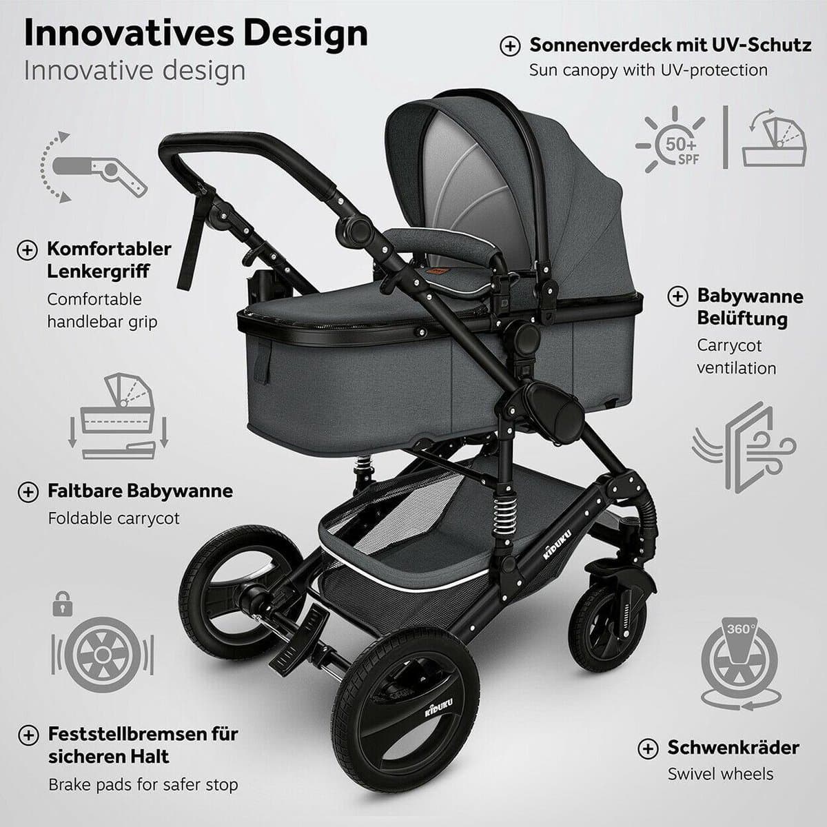 KIDUKU- 3 in 1 combi-kinderwagen- antraciet/zwart buggy incl. autostoeltje-regenhoes- inklapbaar thumbnail 3