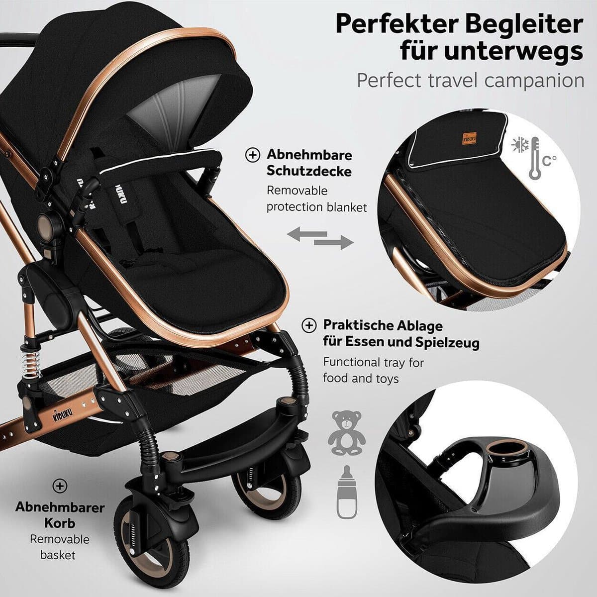 KIDUKU- 3 in 1 combi-kinderwagen- zwart/goud- buggy incl. autostoeltje-regenhoes- inklapbaar thumbnail 8