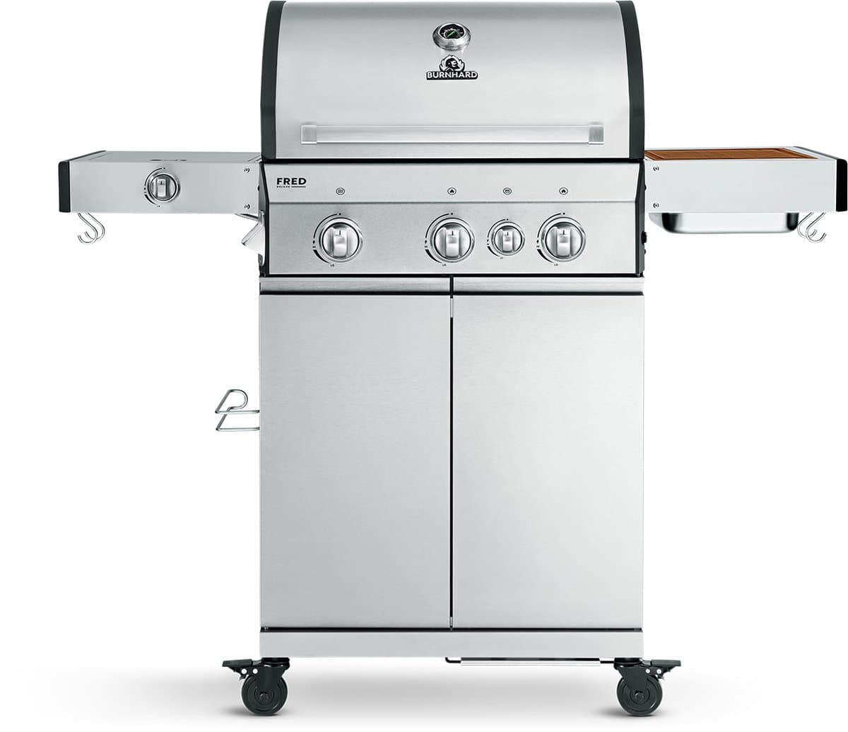 BURNHARD® 3 Branders gasbarbecue FRED Deluxe BLACK Series 3 incl. achterbrander, keramische 900°C infraroodbrander, zijkookplaat, RVS grillrooster + uitklapbare zijtafels