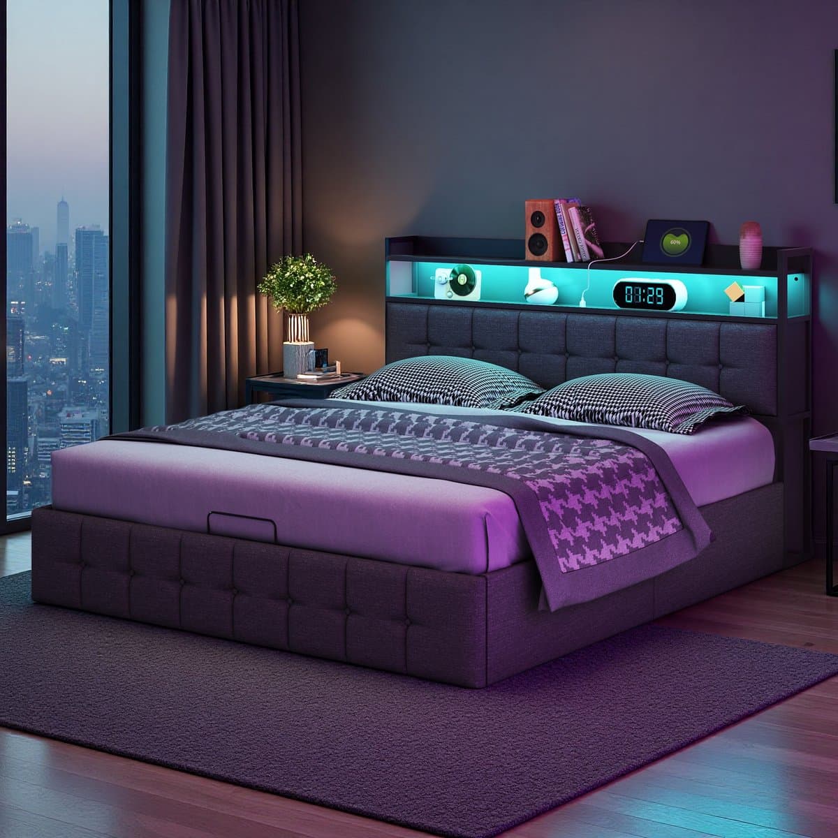 Tweepersoonsbed 160x200 cm – LED Hydraulisch Opbergbed met USB & Type-C, Hoofdbord met Verlichting, Grijs, Linnen thumbnail 7