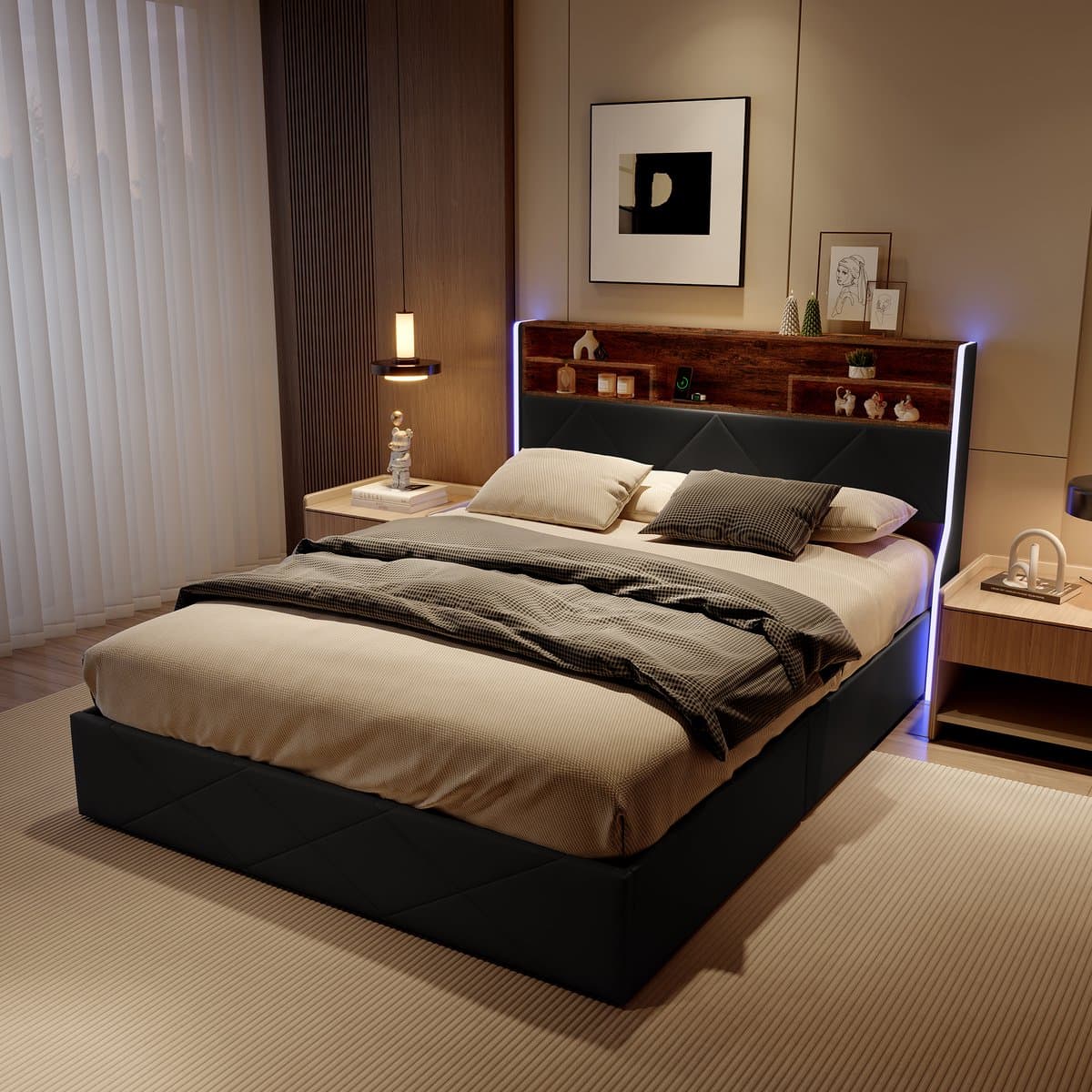 Zwart PU Tweepersoonsbed 160x200 cm – LED Hydraulisch Opbergbed met USB & Type-C, Hoofdbord met Opbergruimte thumbnail 7