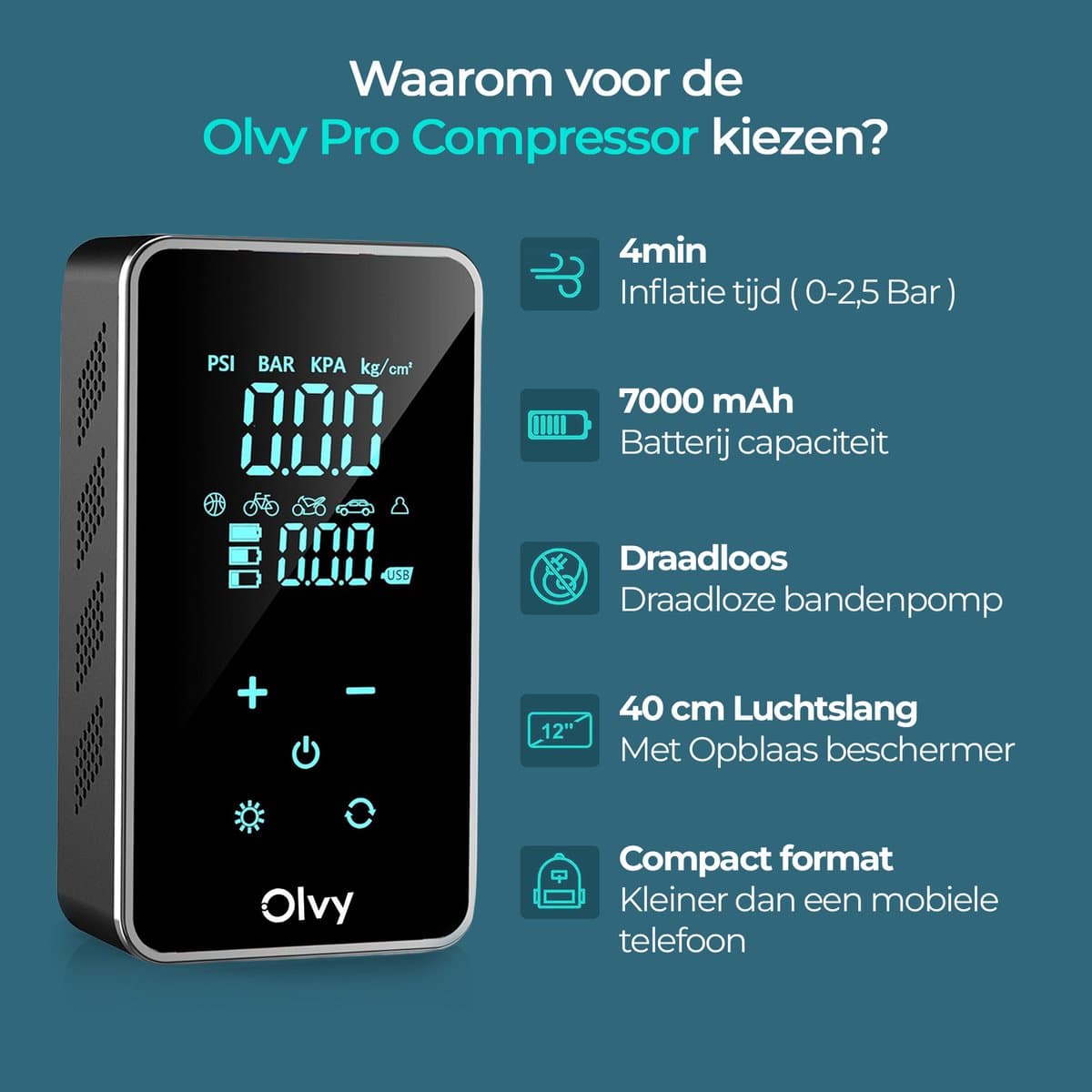 Olvy Compressor Bandenpomp - Elektrische Bandenpomp - Draagbare Luchtcompressor - 7000 mAh - Elektrische Fietspomp - Fiets/Auto/Motor/Bal/Luchtbed thumbnail 4