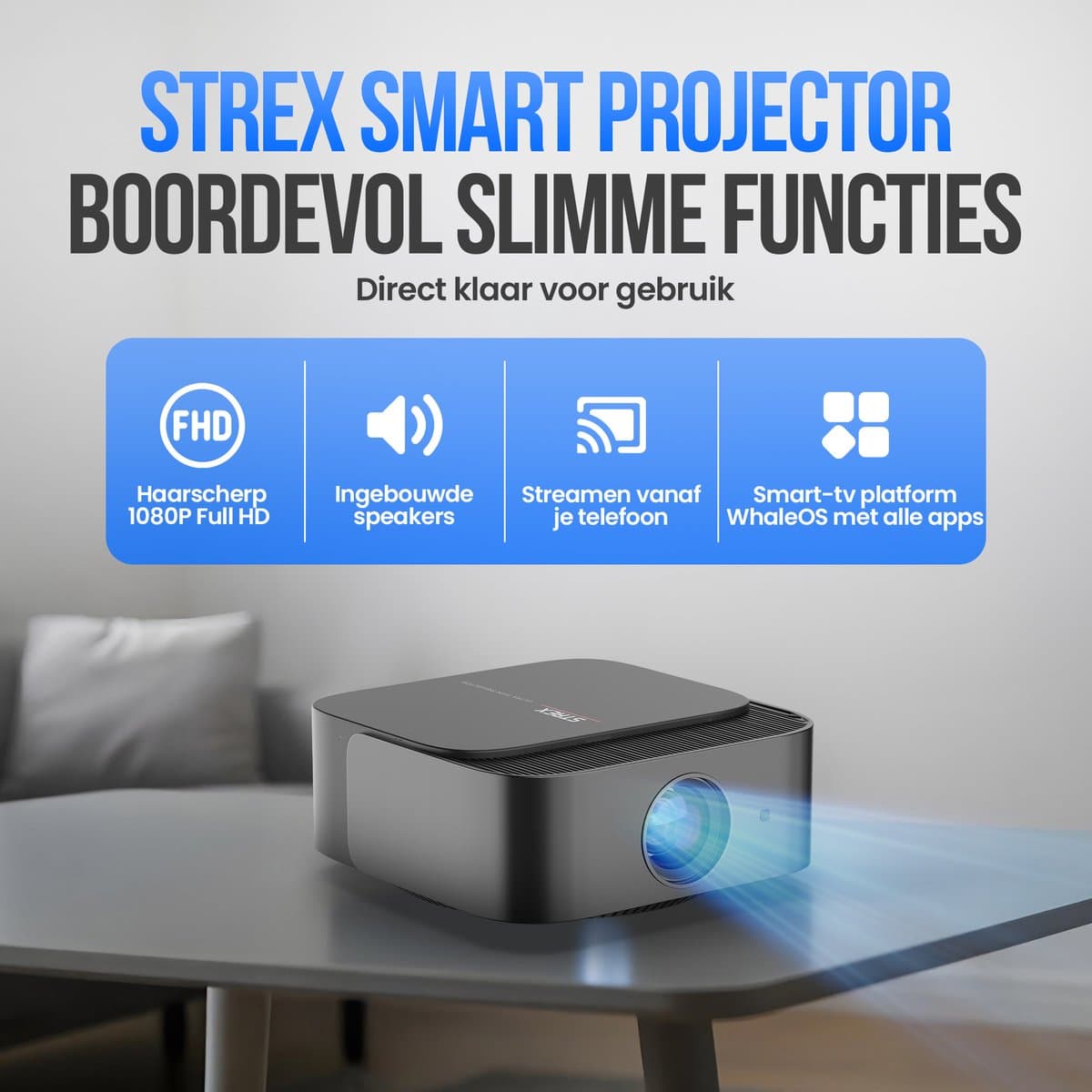 Strex Beamer - Smart 1080P Full HD Projector - 4K Ondersteuning - WiFi & Bluetooth - Ingebouwde Speakers - Draagbare Mini Beamer Thuisbioscoop - WhaleOS - Inclusief Opbergtas & Projectiescherm thumbnail 2