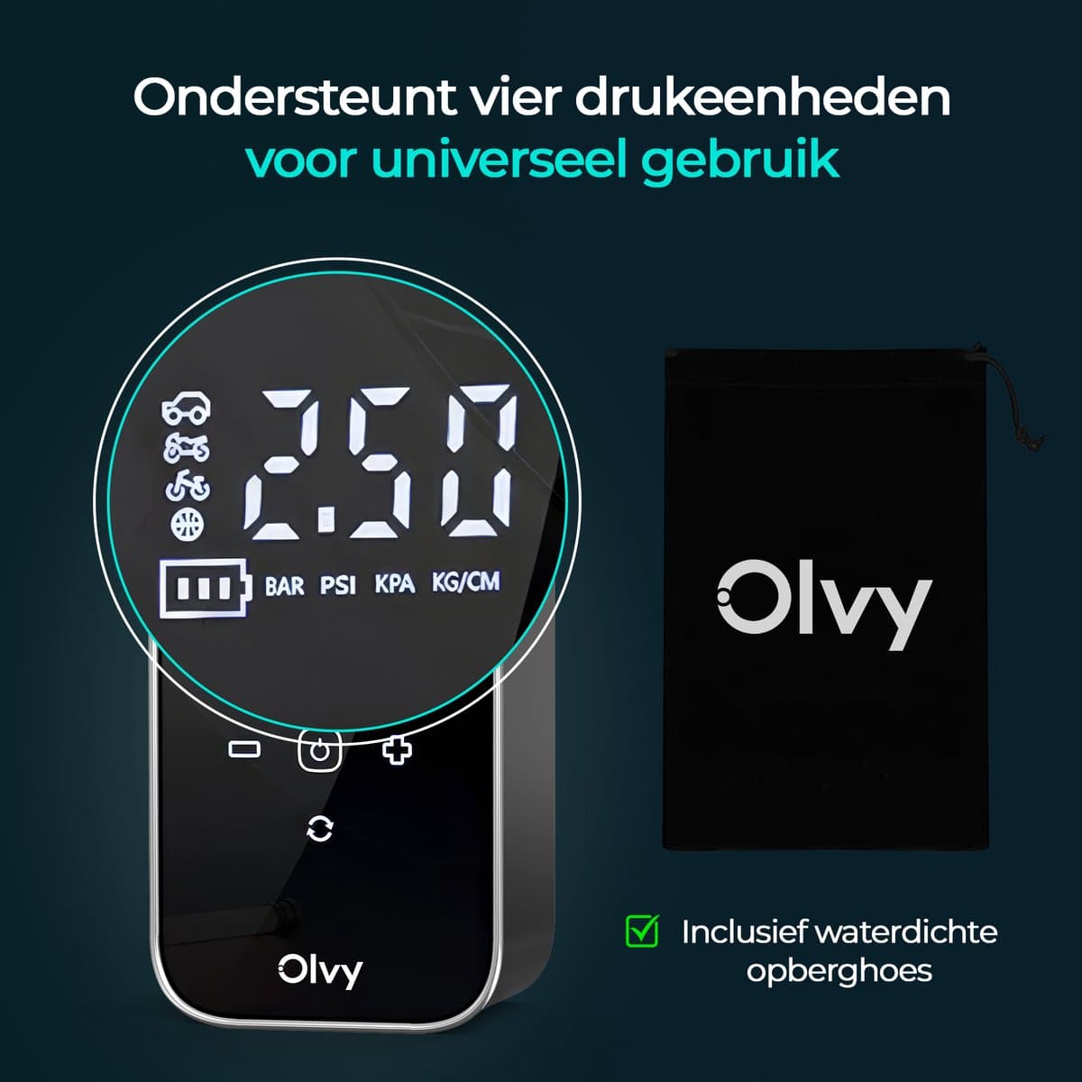 Olvy Compressor Bandenpomp - 12V & Draadloos - Draagbare Luchtcompressor - 6000 mAh - Elektrische Fietspomp - Fiets/Auto/Motor/Bal/Luchtbed thumbnail 6