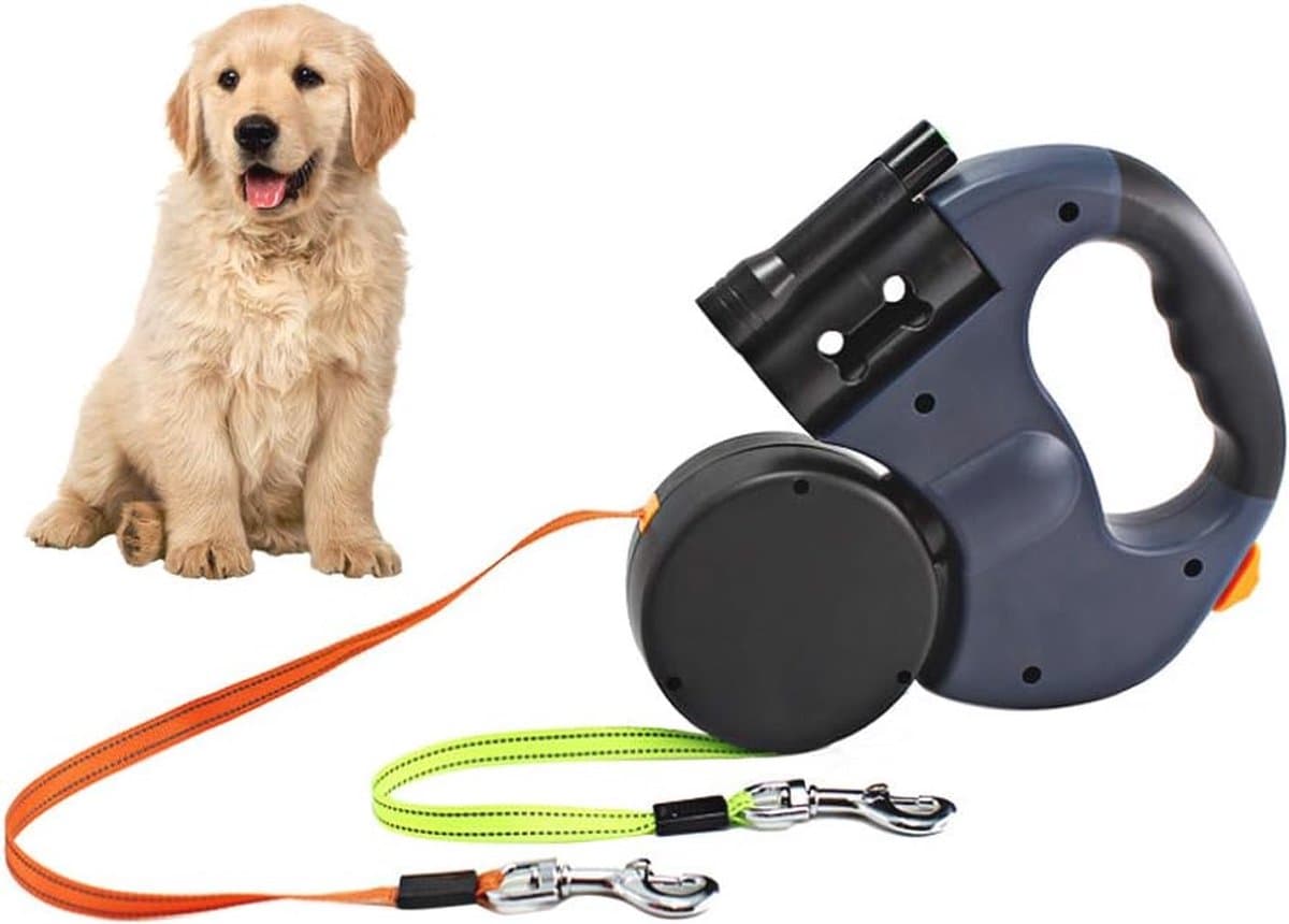 Dubbele intrekbare hondenriem met LED-licht en afvalbox voor twee honden
