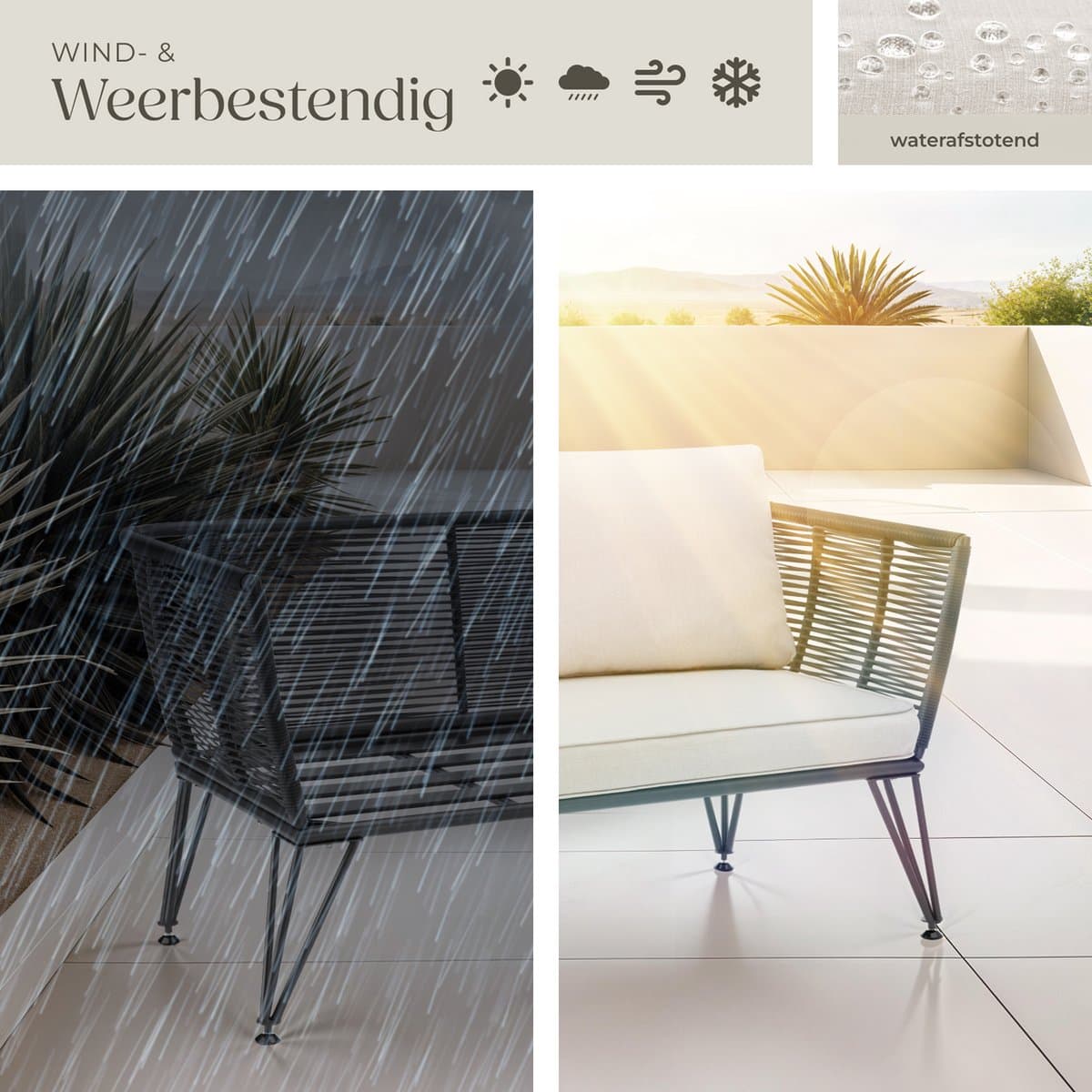tectake® Tuinbank Sundo - Wicker Loungebank - Rope-Design Lounge Bank met Dikke Kussens - Ideaal voor Balkon, Tuin of Terras - Weerbestendig thumbnail 8