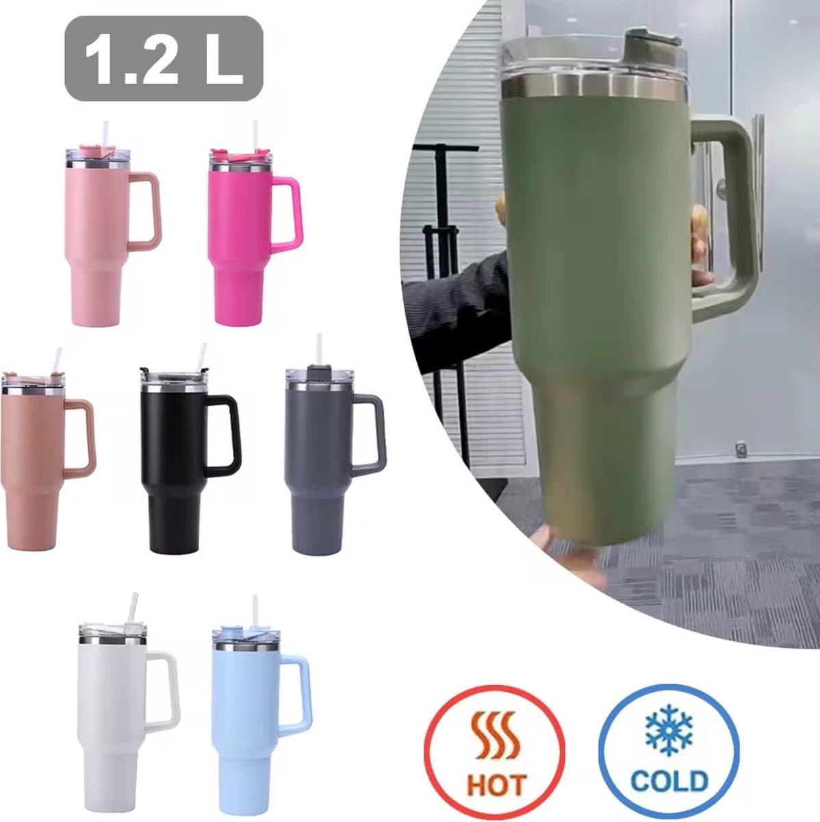 ThermoLux 40oz RVS ThermoCup – Geïsoleerde roestvrijstalen waterfles-De Luxe Geïsoleerde Beker voor Elk Avontuur-Incl. Rietje en Herbruikbare Dop- 12 uur warmte-Kantoor-Reizen-Thuis-Buiten-Sporten thumbnail 6