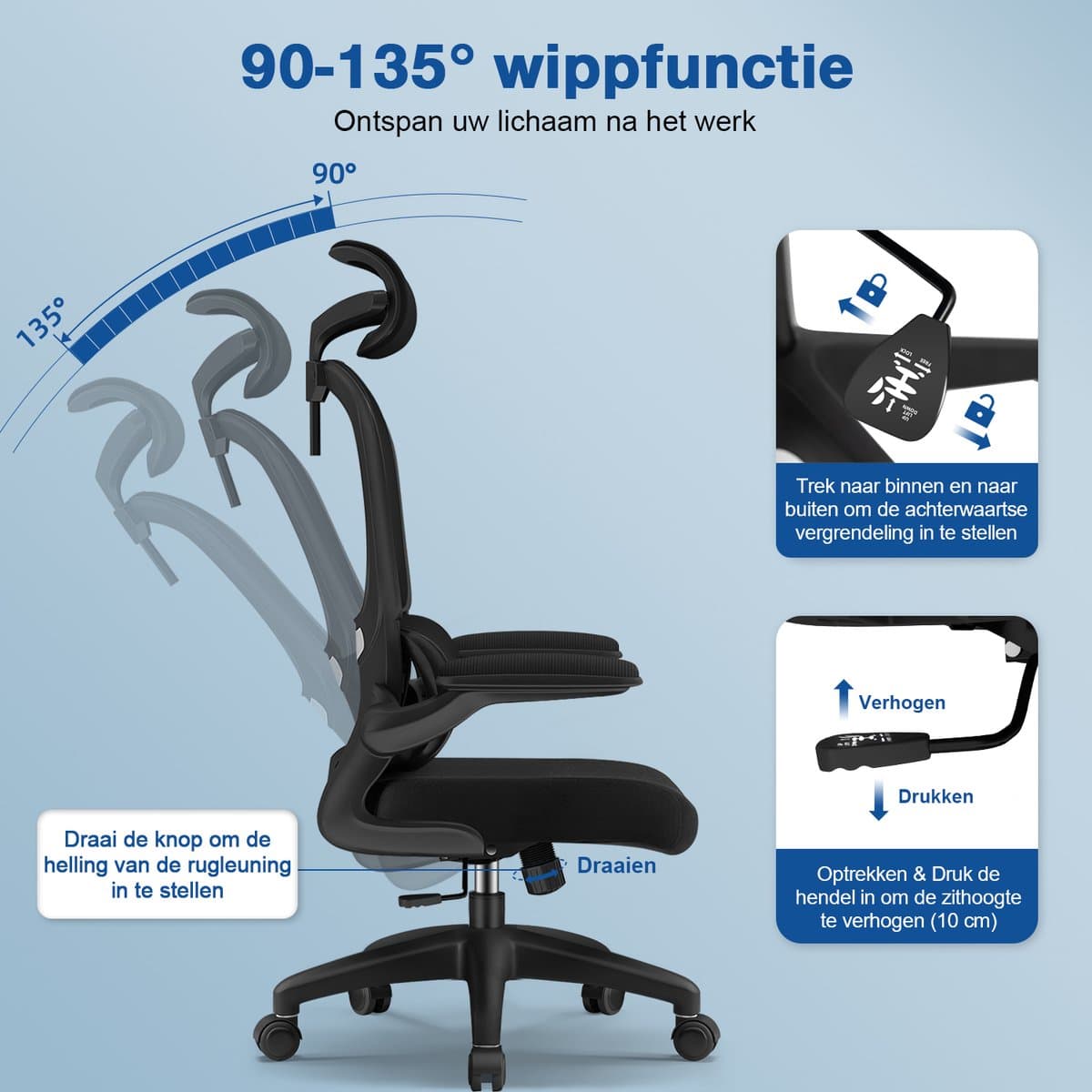 Elekiatech Bureaustoel - opklapbare armen, ergonomisch verstelbaar thumbnail 2