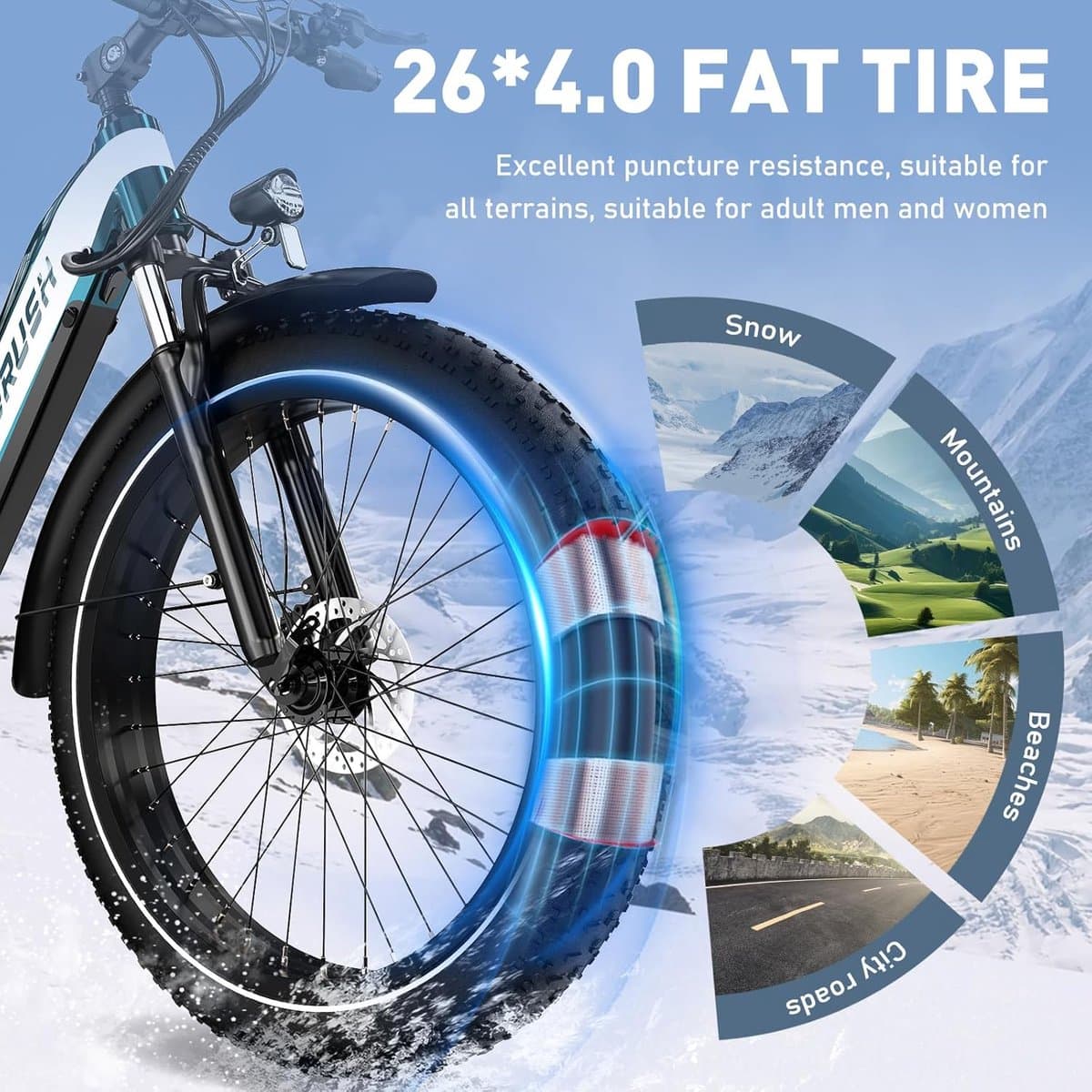 ECORUSH Elektrische Fiets ECO R3 - Trendy 26*4.0 Inch Fat Tire City Commuter EBike met Afneembare 48V 13Ah Lithium Batterij - Mountain E-Bike met 250W Motor - 7 Versnellingen - IP54 Waterdicht thumbnail 7