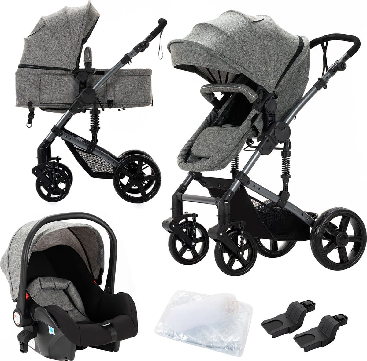 Luxe 3-in-1 Kinderwagen - Wandelwagen - Autostoeltje - Buggy - Reiswieg - Inklapbaar - 0-36 Maanden - Grijs
