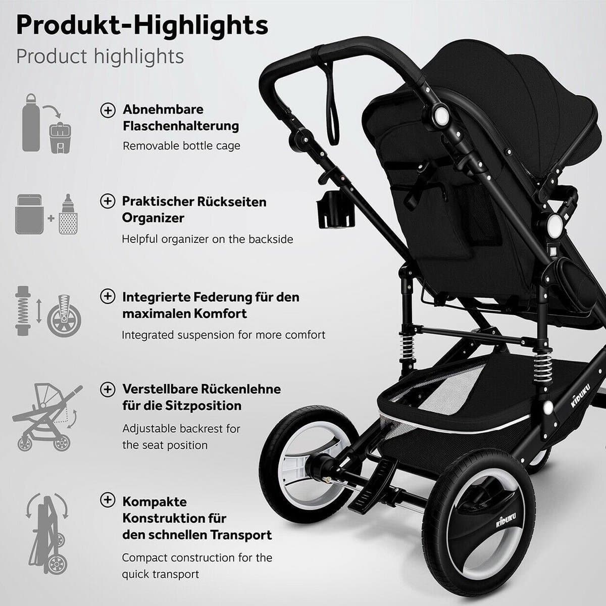 KIDUKU- 3 in 1 combi-kinderwagen- zwart- buggy incl. autostoeltje-regenhoes- inklapbaar thumbnail 3