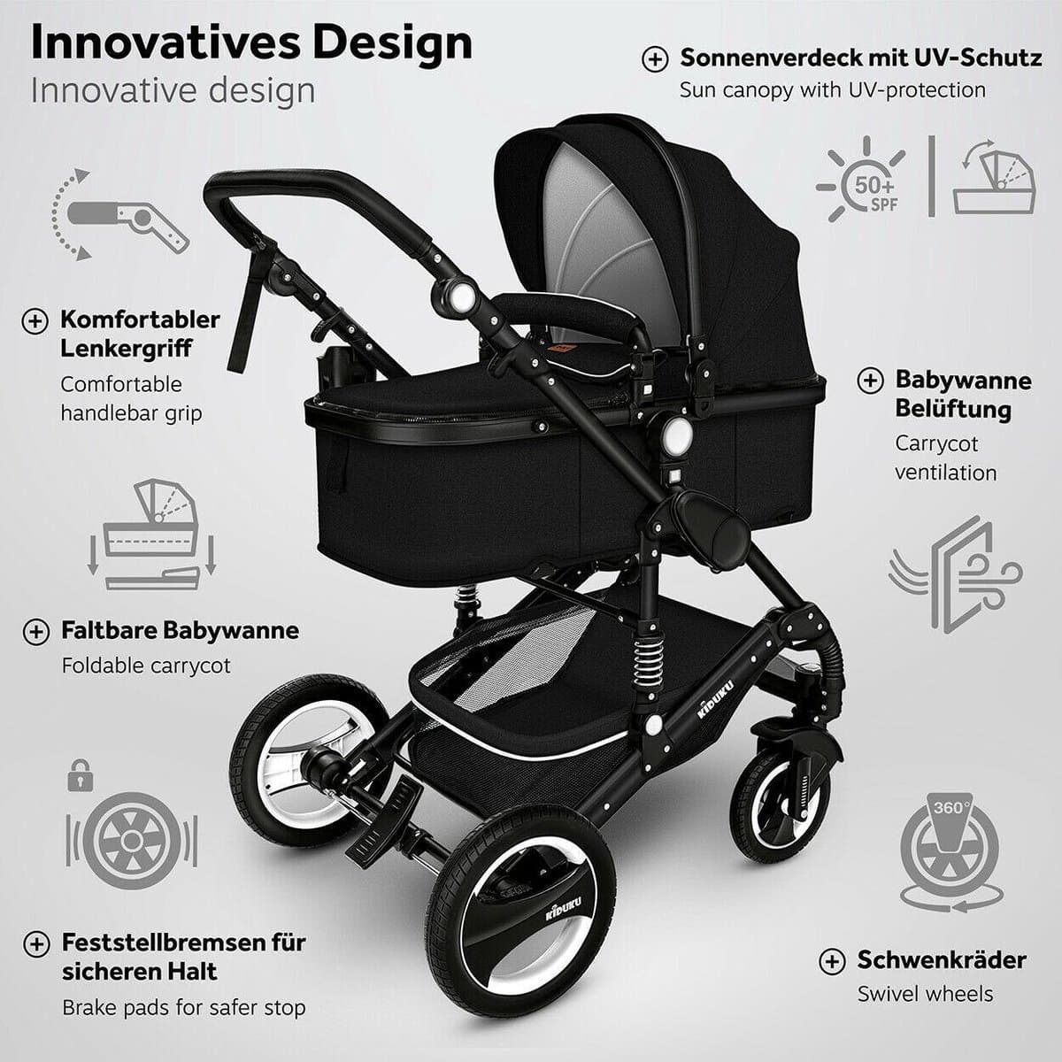 KIDUKU- 3 in 1 combi-kinderwagen- zwart- buggy incl. autostoeltje-regenhoes- inklapbaar thumbnail 2