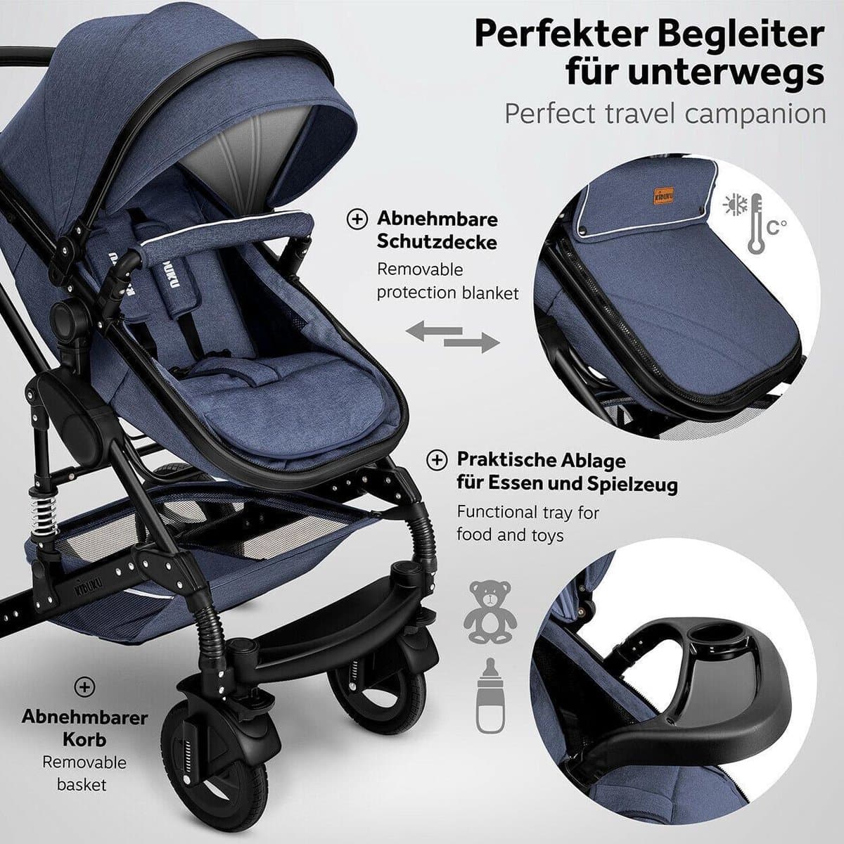 KIDUKU- 3 in 1 combi-kinderwagen- blauw/zwart- buggy incl. autostoeltje-regenhoes- inklapbaar thumbnail 3