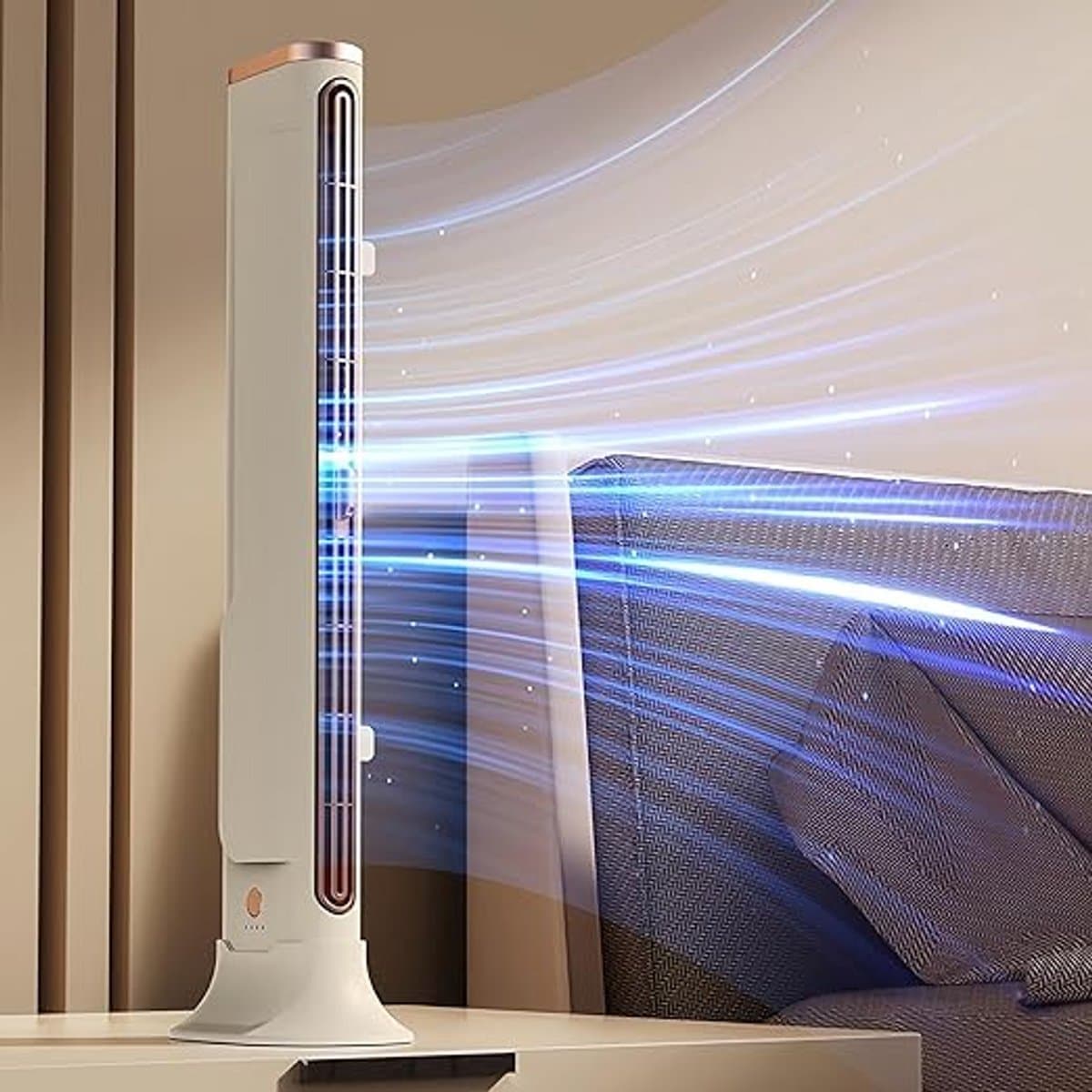 Staande torenventilator USB oplaadbaar, multifunctionele bladloze bureauventilator voor scherm, muur en tafel, stille ventilator voor slaapkamer kantoor studentenkamer, verstelbare luchtuitlaat, grote luchtvolume, crème roségoud design thumbnail 5