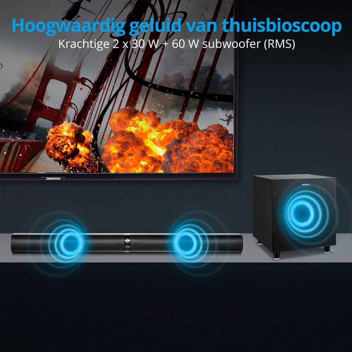 MEDION P64150 2in1 Convertible Bluetooth TV soundbar met draadloze subwoofer (2.1 soundbar, 2 x 30 watt, 60 watt subwoofer, wandmodel, HDMI ARC met ECC, AUX, optische ingang) thumbnail 8