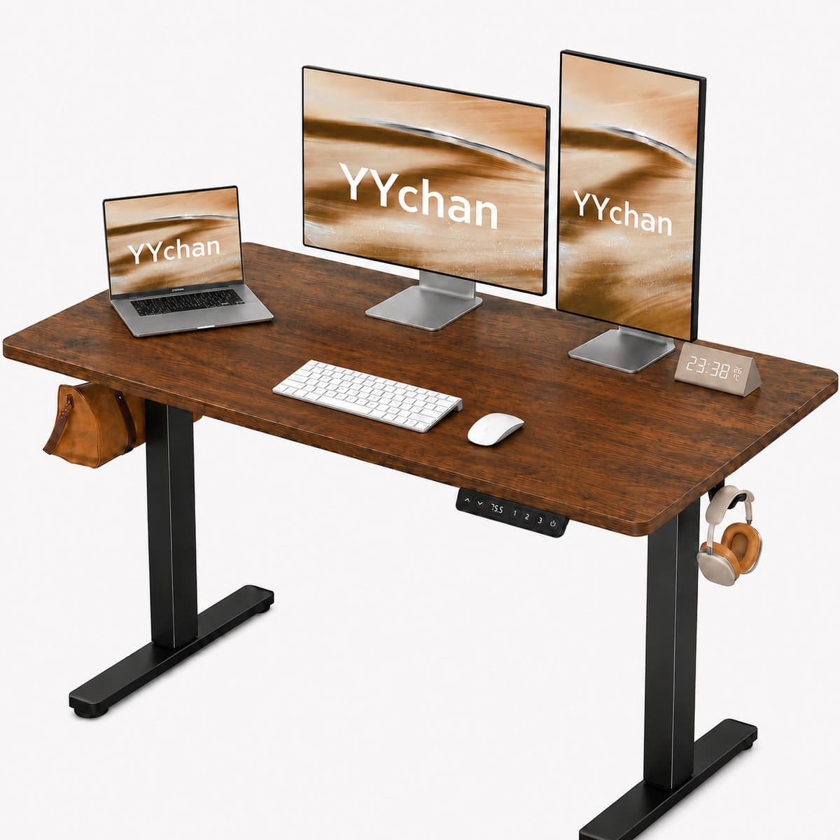 YYchan Zit Sta Bureau Elektrisch 140x60 - Gaming Bureau - Elektrisch verstelbaar - Tafelblad uit één stuk - Geheugenbediening, Stabiel T-Frame, met Kabeldoorvoer & Koptelefoonhaak - Hoogteverstelbaar 72–118 cm - Walnoot Zwart