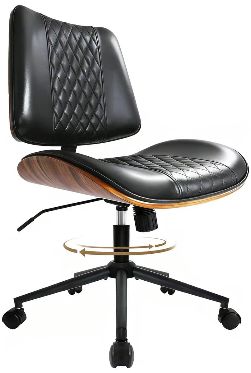 Durrafy Ergonomische Bureaustoel - Bureaustoel zonder Armleuningen - Bureaustoelen voor Volwassenen - Verrijdbaar & In Hoogte Verstelbaar - 360° Draaibaar - 90°-130° Kantelbare Rugleuning - PU-Kunstleer - Decoratieve Warmbruine Afwerking - Zwart