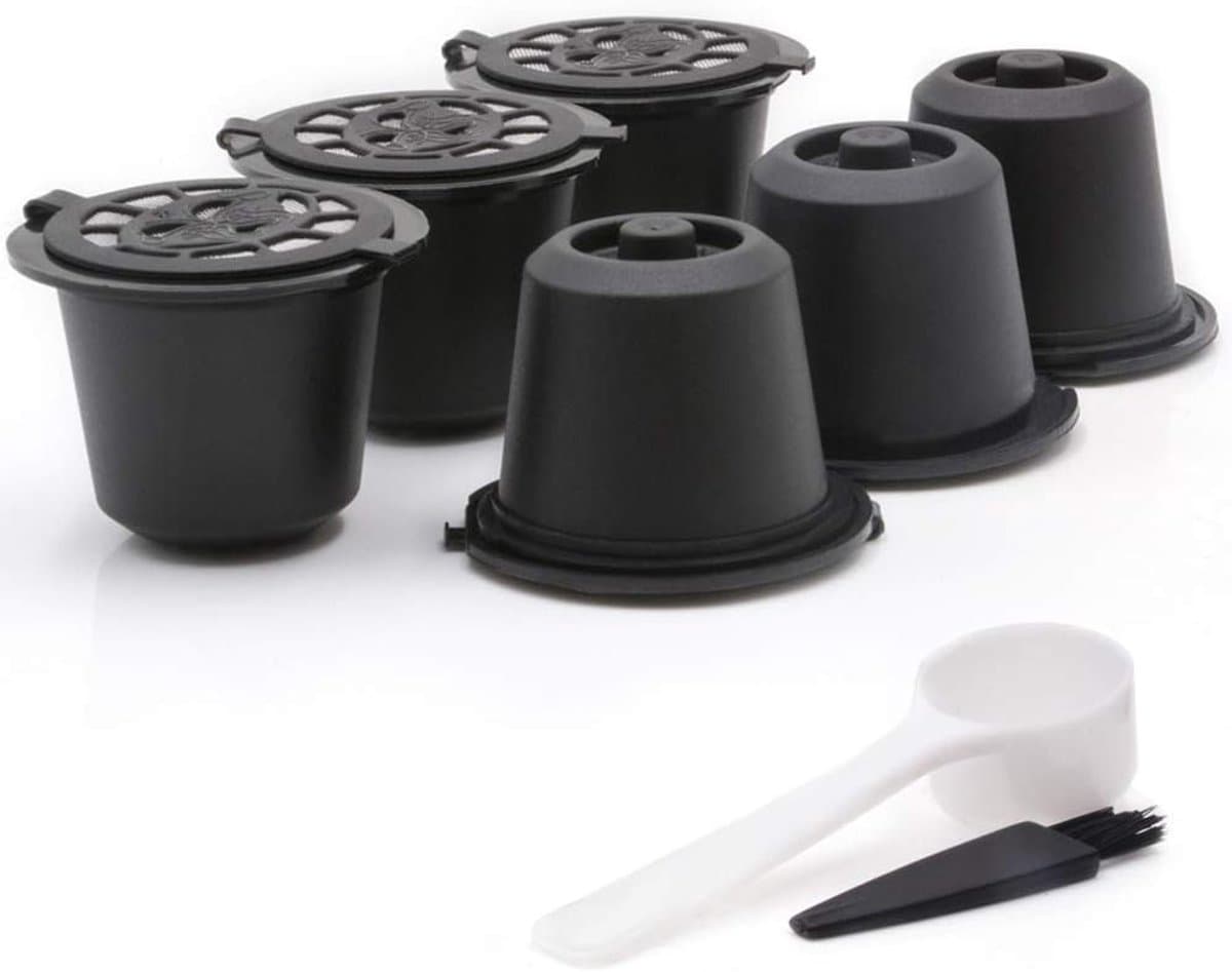 Thijox - Koffiecapsules 6 stuks Herbruikbare Koffiefilters voor Nespresso OriginalLine - Duurzaam RVS en BPA-vrij - Inclusief Lepel en Borstel - Perfe