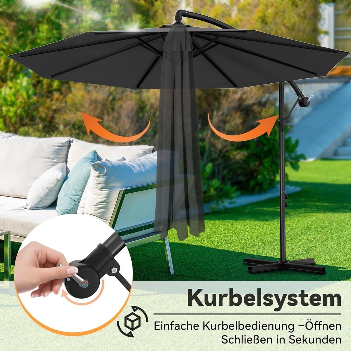 Zweefparasol 300 cm met Zwengel & Kruisvoet – UV-Bescherming – Vrijhangende Tuinparasol voor Terras, Balkon & Tuin – Donker grijs thumbnail 5