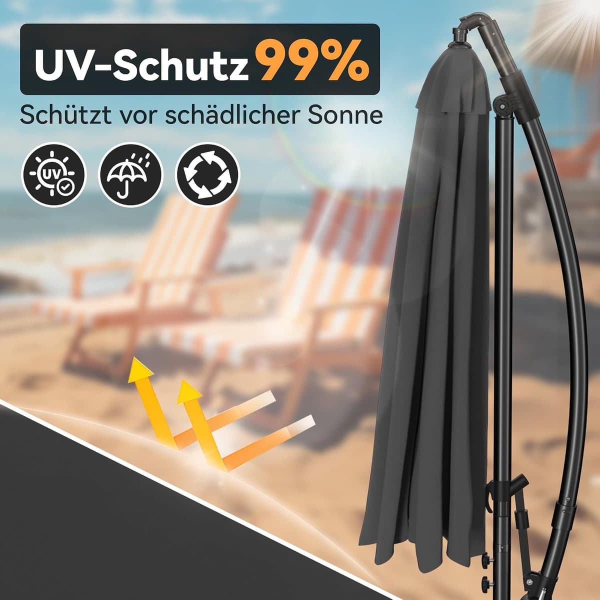 Zweefparasol 300 cm met Zwengel & Kruisvoet – UV-Bescherming – Vrijhangende Tuinparasol voor Terras, Balkon & Tuin – Donker grijs thumbnail 2