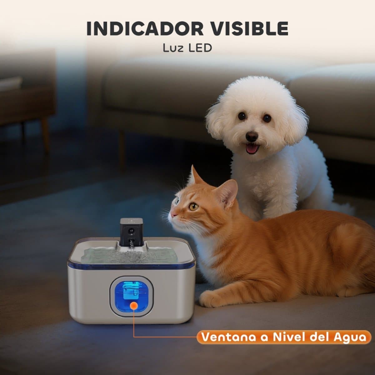 Roestvrijstalen kattenwaterbak van 5 liter – Automatische kattenwaterbak met LED-verlichting, superstille pomp en zilverfilter thumbnail 3