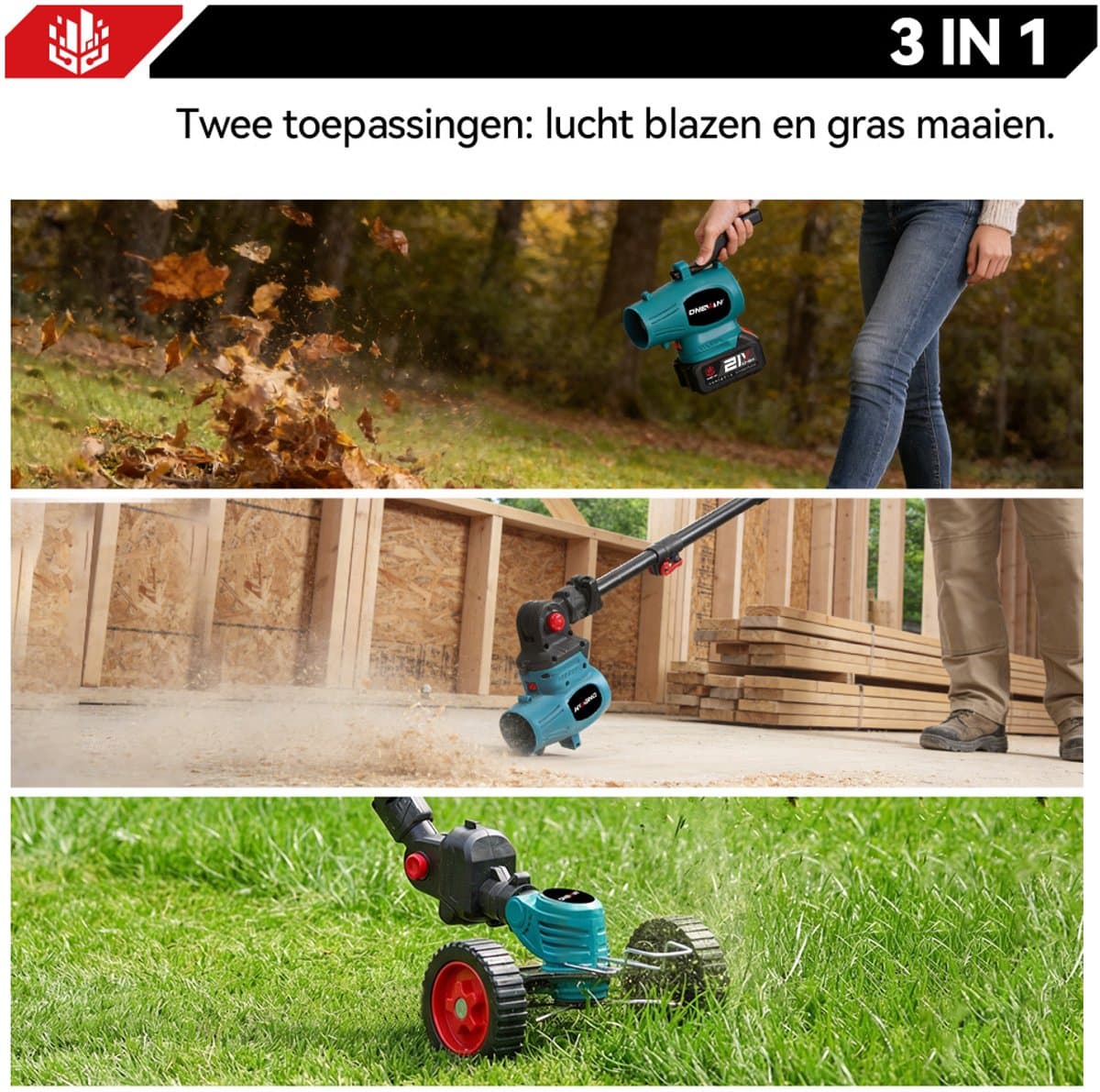ONEVAN Elektrische Bosmaaier - 3-in-1 Accu Grastrimmer - 200 m/s Bladblazer - Met 2x Accu's - Lichtgewicht - Voor terras, gazon, bladeren en stof thumbnail 7