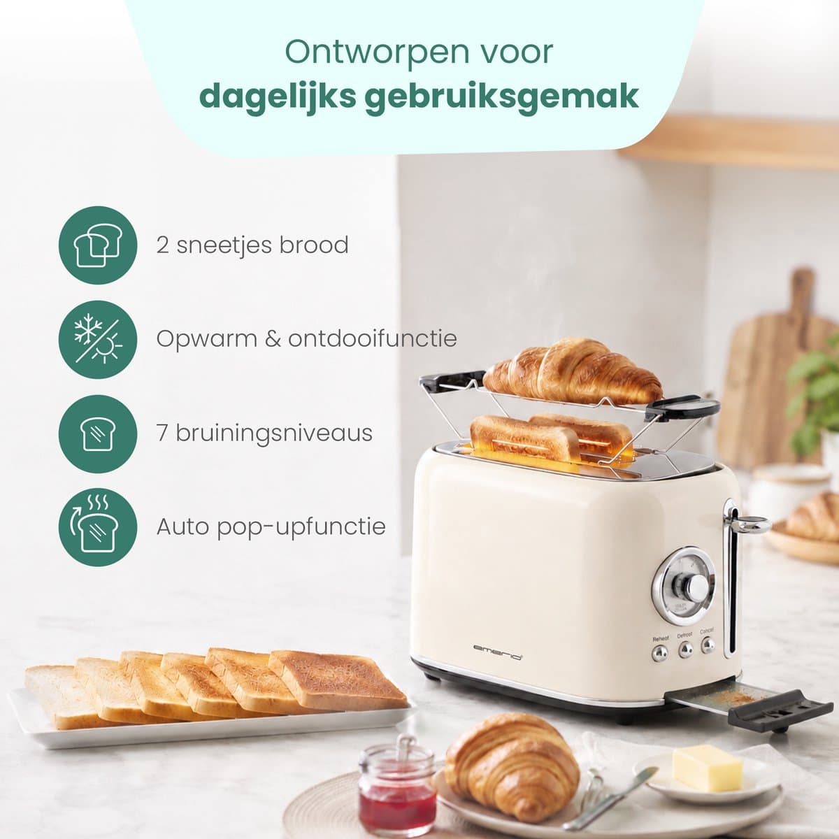 Emerio Retro Broodrooster - 800W Toaster - 2 Sleuven - Broodjeswarmer - 7 Temperatuur instellingen - Kruimellade - TO-133281.1 Creme thumbnail 3