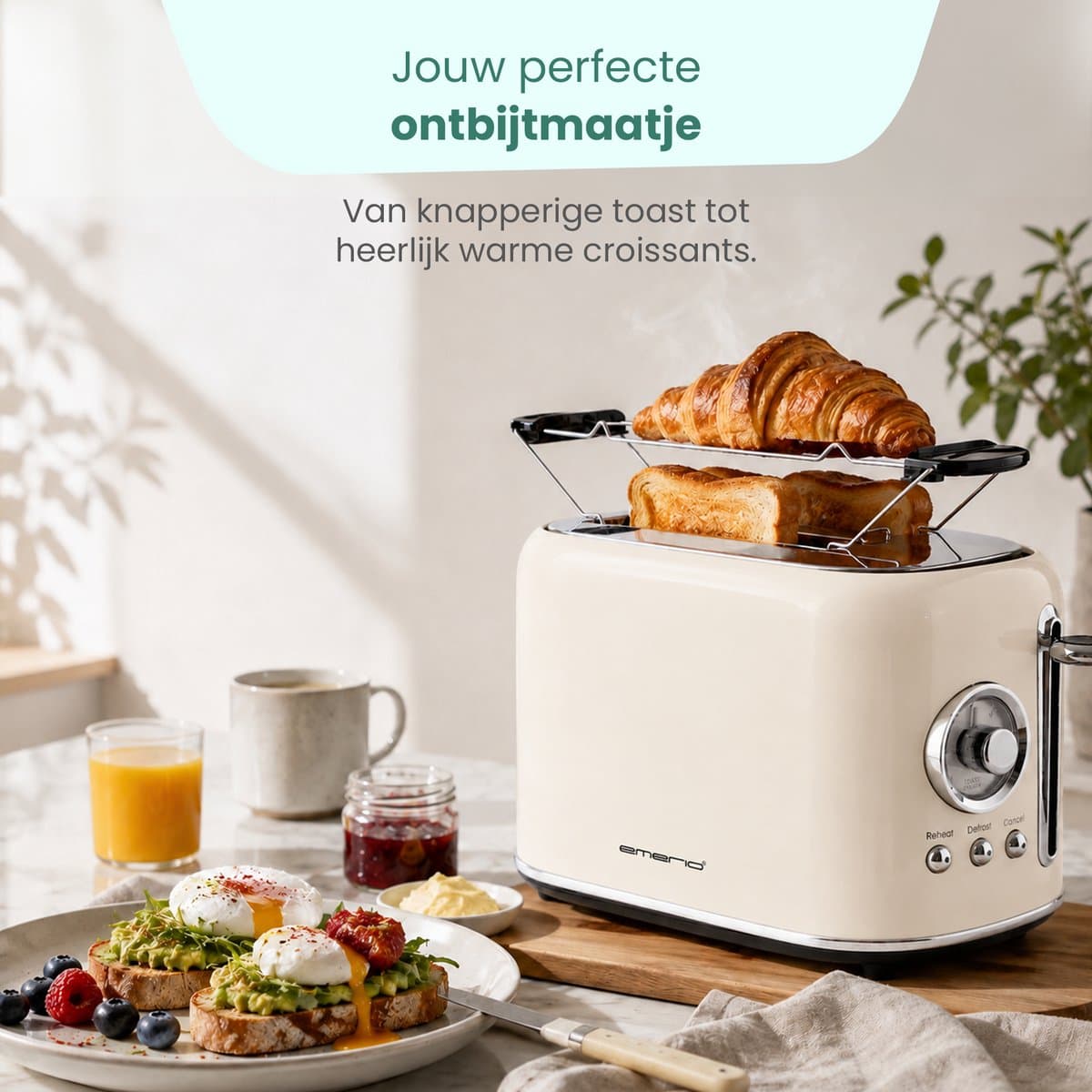 Emerio Retro Broodrooster - 800W Toaster - 2 Sleuven - Broodjeswarmer - 7 Temperatuur instellingen - Kruimellade - TO-133281.1 Creme thumbnail 4