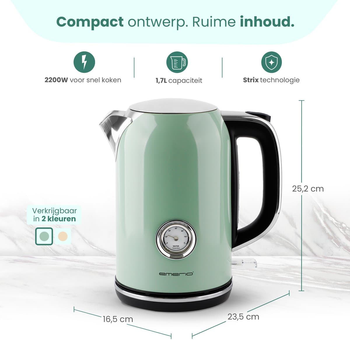 Emerio Retro Waterkoker - 1.7 Liter - 360° draaibaar - Verborgen verwarmingselement - 2200W - WK-133282 Groen thumbnail 6
