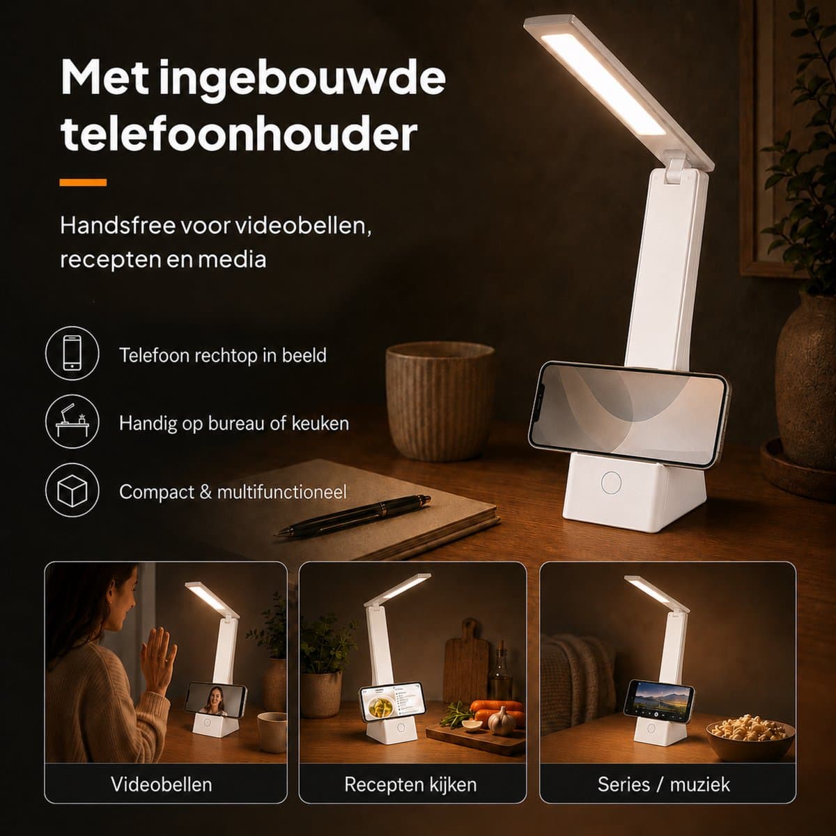 Lumirex Bureaulamp - Draadloos & Netstroom - LED - Dimbaar - Wit & Warm Licht - 9 Lichtstanden - 3 Kleuren - Leeslamp - Wit thumbnail 4