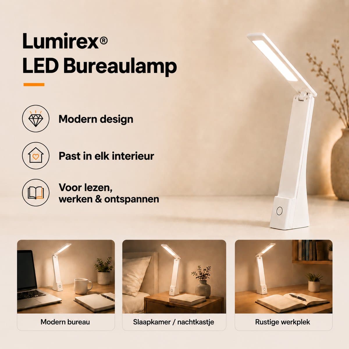 Lumirex Bureaulamp - Draadloos & Netstroom - LED - Dimbaar - Wit & Warm Licht - 9 Lichtstanden - 3 Kleuren - Leeslamp - Wit thumbnail 2