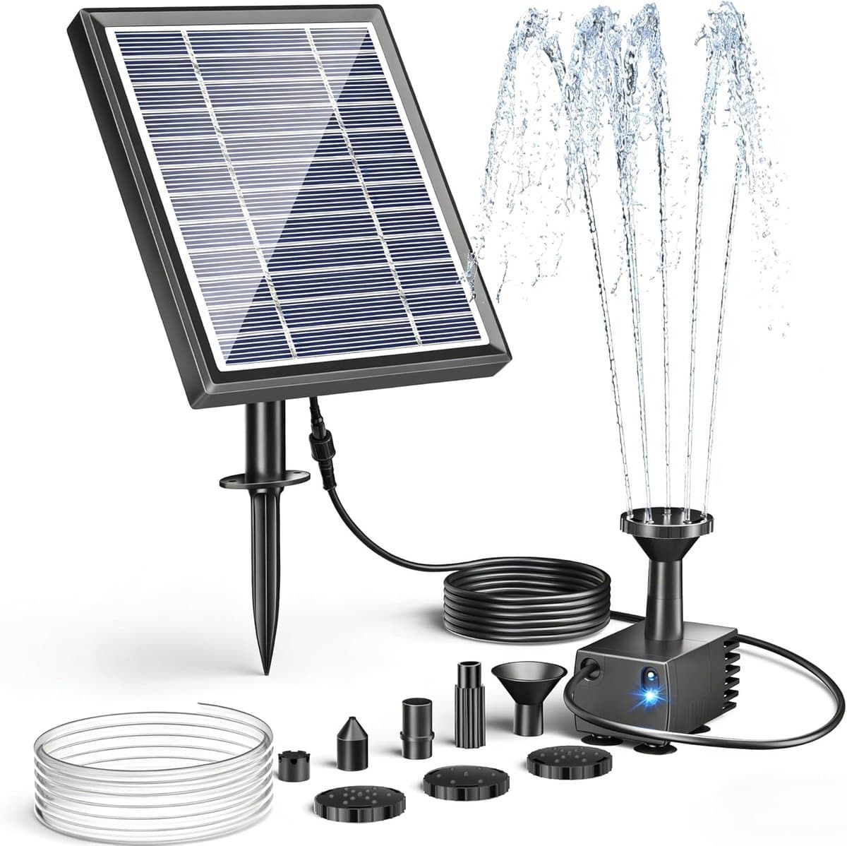 POPOSOAP Solarfontein voor vogelfontein - 3 W Solarwaterpomp met 1,2 m slang - 5 sproeiers - Solarfontein voor kleine vijvers buiten - Tuin