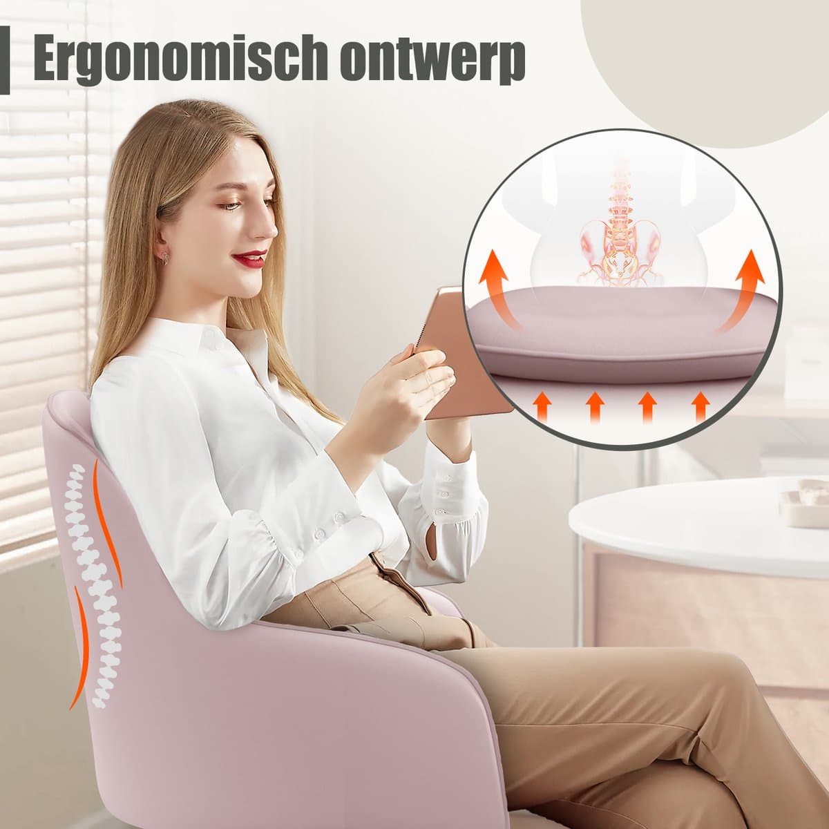 Hiaonyx Bureaustoel-Ergonomische bureaustoel-bureaustoelen voor volwassenen-Dubbel gelaagd zitkussen-360 graden draaibaar-Metalen onderstel-Roze thumbnail 2