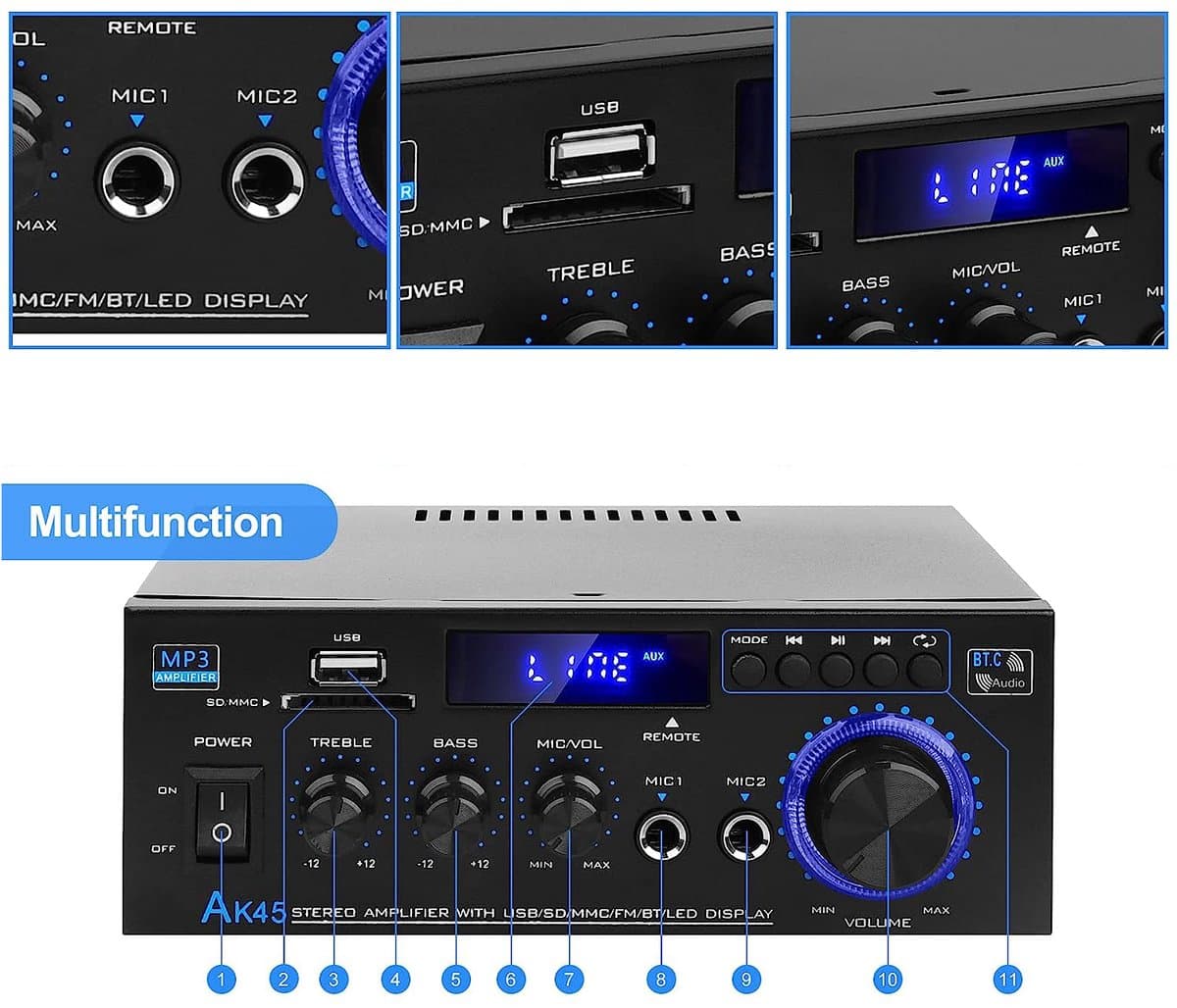 Bluetooth 5.0 Audioversterker - Ak45 Hifi Stereo Mini-Eindversterker - 400w 2-Kanaals Draadloze Bluetooth 5.0 Eindversterker thumbnail 3