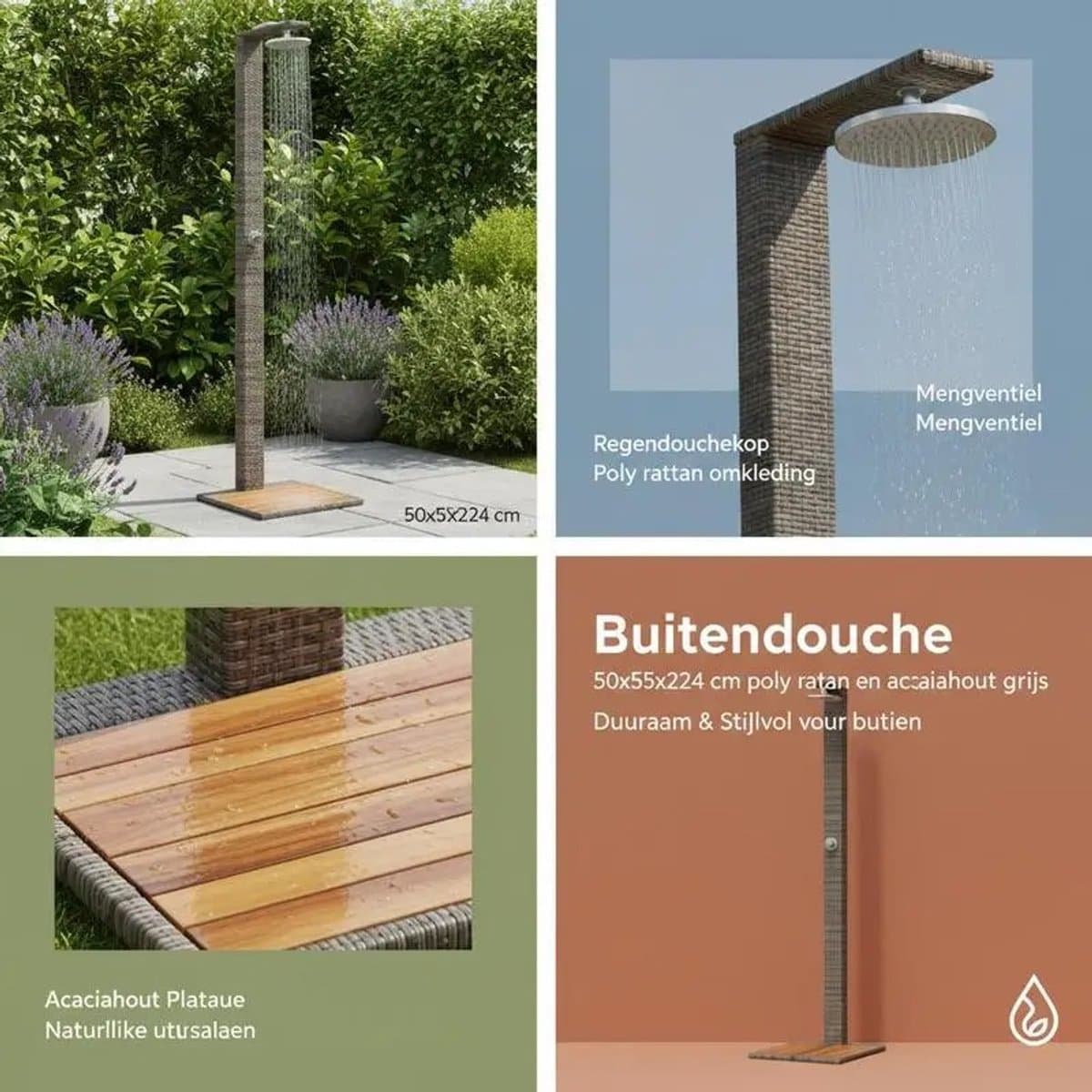 HOB Buitendouche - Tuindouche - Doucheset - Campingdouche - Weerbestendig Polyrotan - Acaciahouten Basis - Vrijstaand Design 224cm thumbnail 6