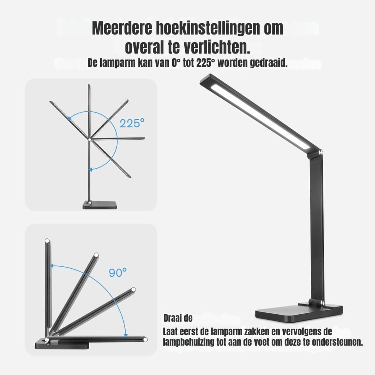 QORA® Bureaulamp led dimbaar daglicht - USB oplaadbaar - 5 kleurenfuncties - Daglichtlamp - Touchscreen - Lichttherapielamp - Hobby lamp voor schilderen, puzzelen – UV-Vrij - Tafellamp/lamp staand - Zwart - ‎40cm x 12cm x 4cm thumbnail 6