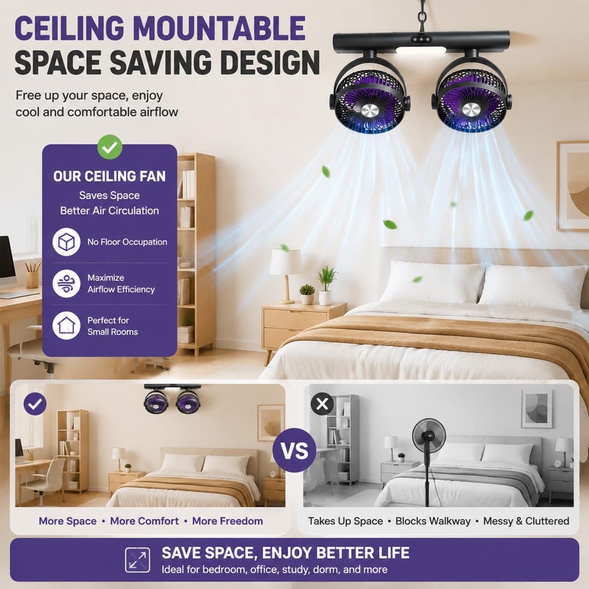 Kraftverdia® Dubbele Luchtcirculator – USB Oplaadbare Bureauventilator met 2 Ventilatorkoppen – Tafel-, Hang- en Wandventilator – 3 Snelheden – LED Verlichting – Type-C – Grijs thumbnail 5