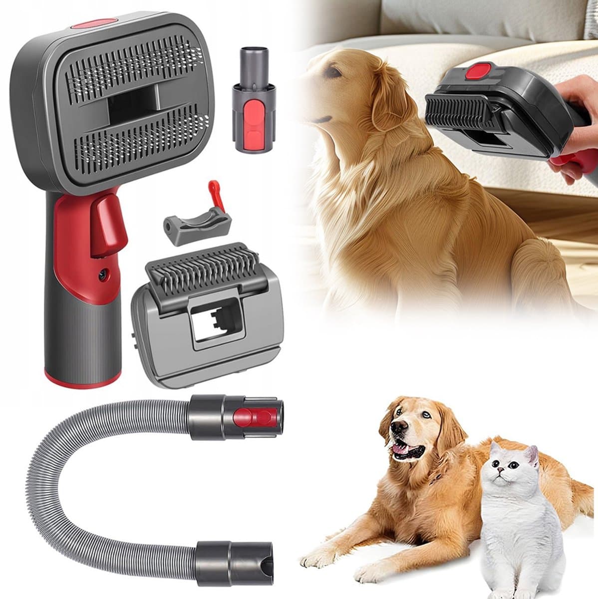 2-in-1 huisdierborstelset voor Dyson V7/V8/V10/V11/V15 – Huisdierborstelset – Voor katten en honden – Huisdierverzorging – Zelfreinigend en zacht – Grijs-rood thumbnail 2