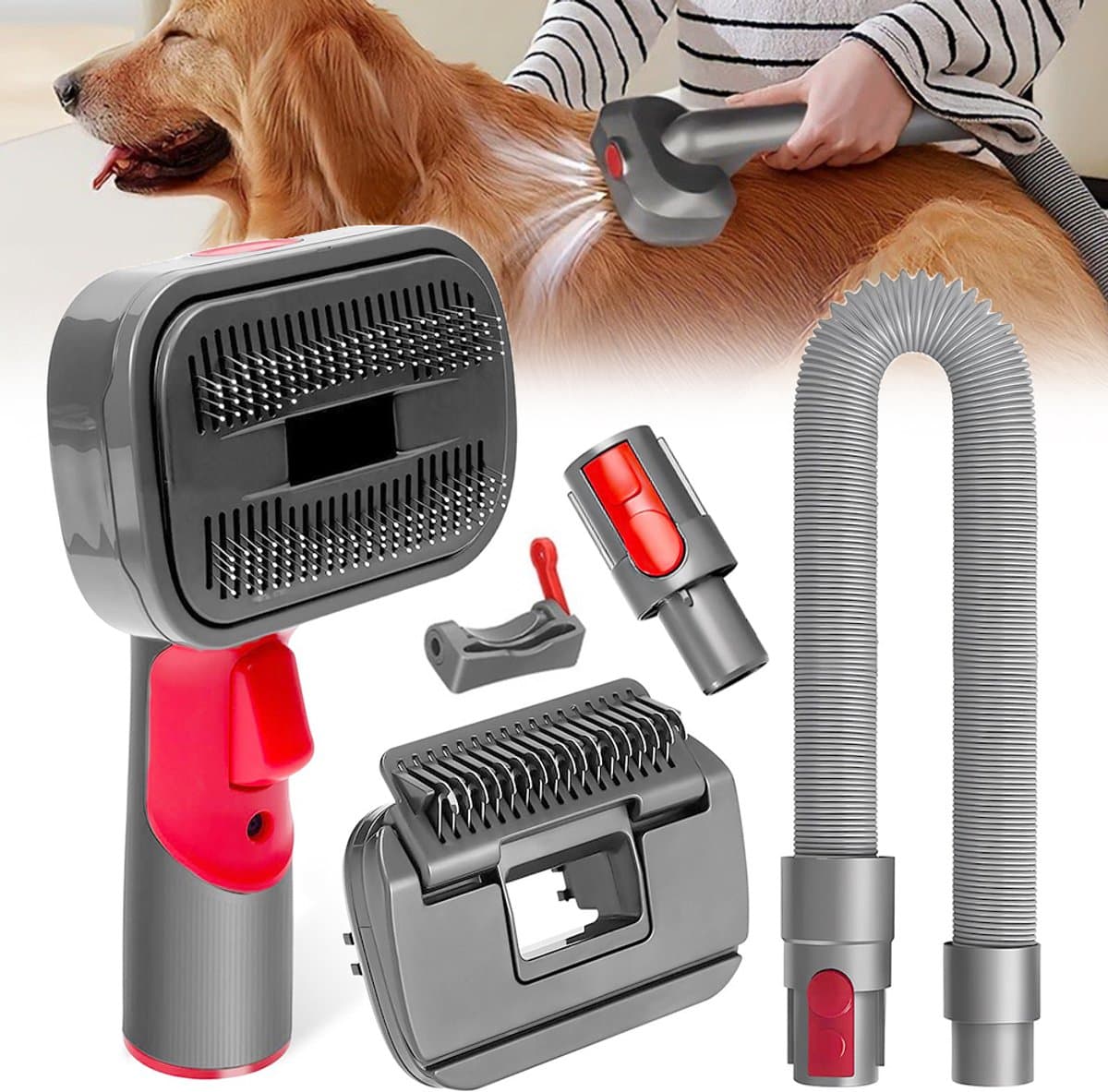 2-in-1 huisdierborstelset voor Dyson V7/V8/V10/V11/V15 – Huisdierborstelset – Voor katten en honden – Huisdierverzorging – Zelfreinigend en zacht – Grijs-rood thumbnail 4