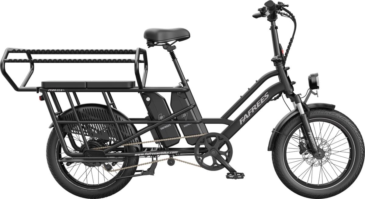 FAFREES 20 inch elektrische fiets met kinderzitjes en voorkorf – E-fiets – E-Bakfiets24Ah accu – maximaal 200kg draagvermogen – max 25km/u – Familie Longtail E-Cargo Bakfiets –tot 140km – voor gezinsuitjes en dagelijkse boodschappen –Zwart thumbnail 2