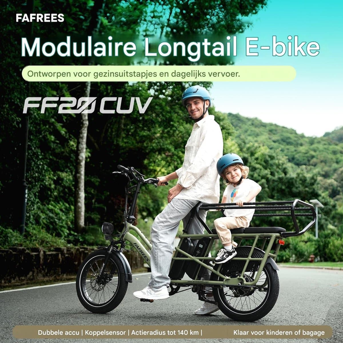 FAFREES 20 inch elektrische fiets met kinderzitjes en voorkorf – E-fiets – E-Bakfiets24Ah accu – maximaal 200kg draagvermogen – max 25km/u – Familie Longtail E-Cargo Bakfiets –tot 140km – voor gezinsuitjes en dagelijkse boodschappen –Zwart thumbnail 4