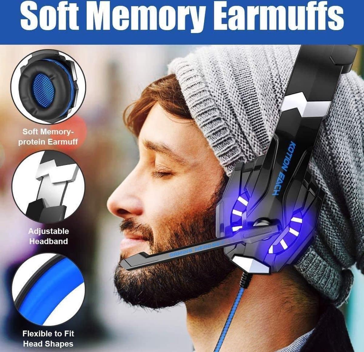 KOTION EACH G9000 Gaming Headset - PS4, laptops - Zwart/Blauw thumbnail 5