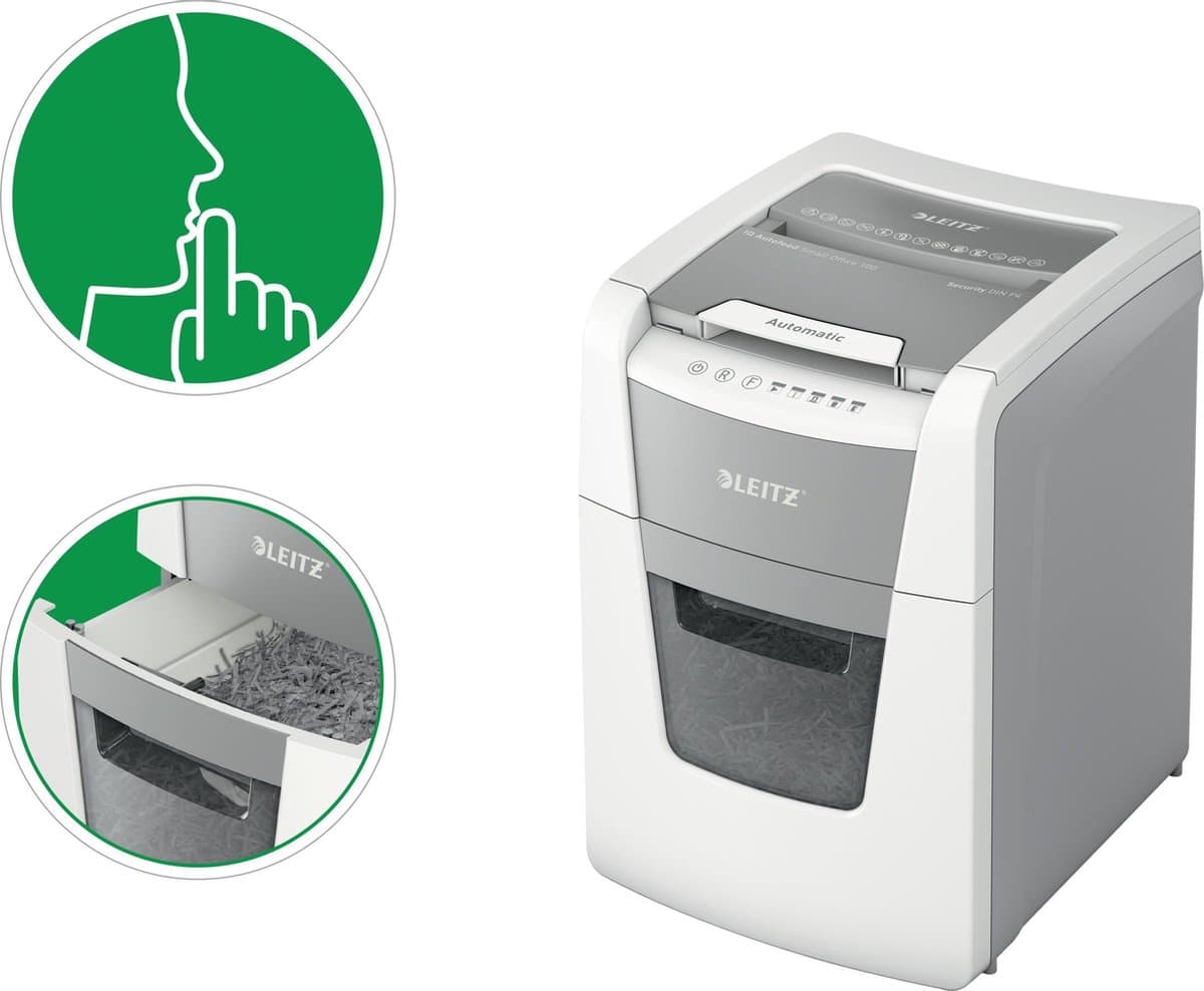 Leitz IQ Autofeed+ Small Office 100 Stille Papierversnipperaar - P4 Snippers - Tot 100 Vel - 34L - Wit thumbnail 4
